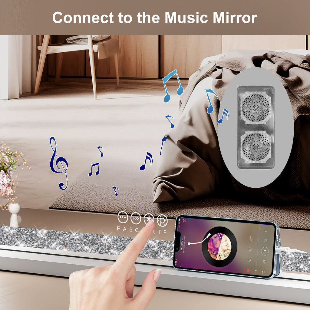 Crushed Diamond Hollywood Mirror – 58x48cm, Bluetooth & Speaker Phone, 15 LED