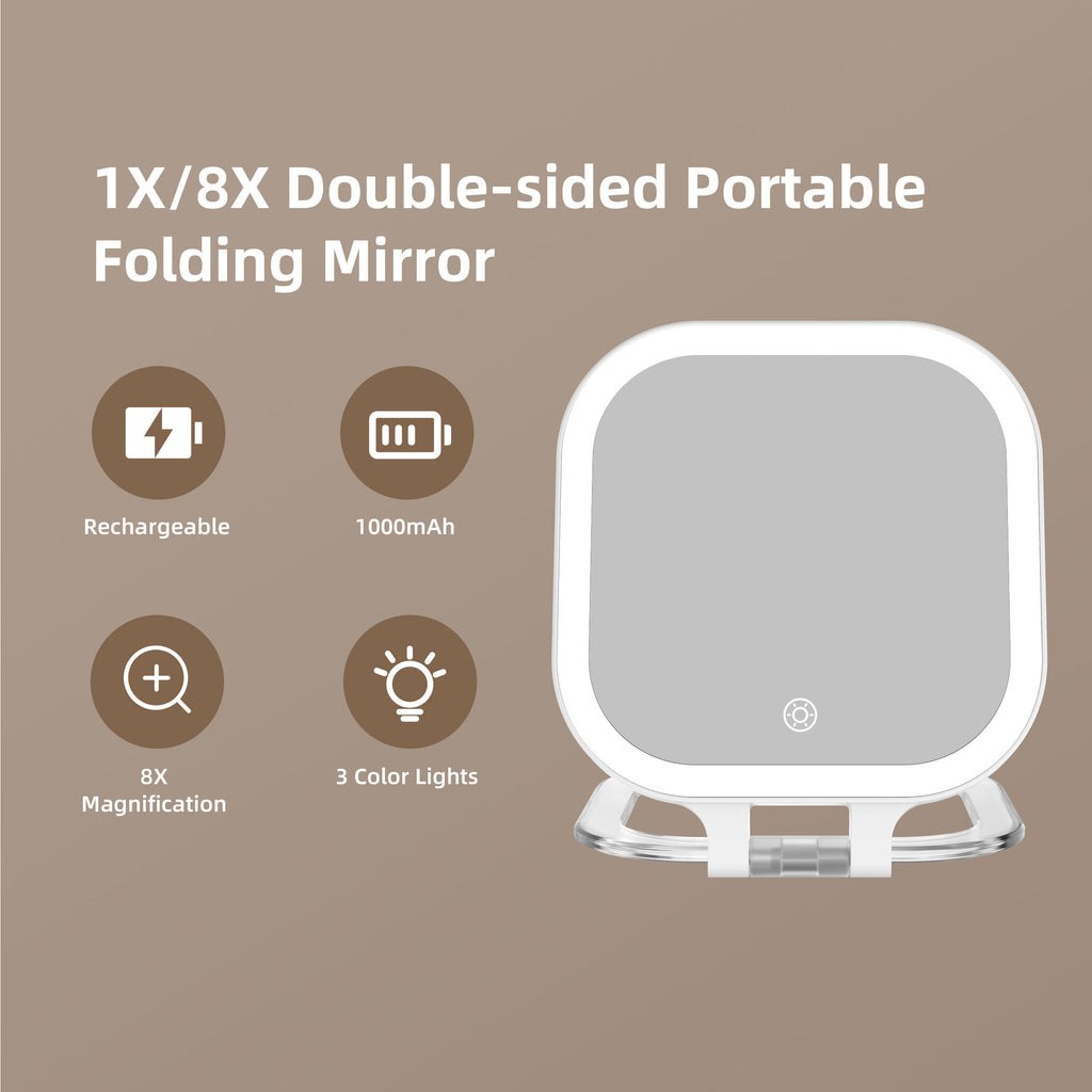 Portable LED Vanity Mirror – 10X Magnified, Rechargeable, 360° Rotating Stand