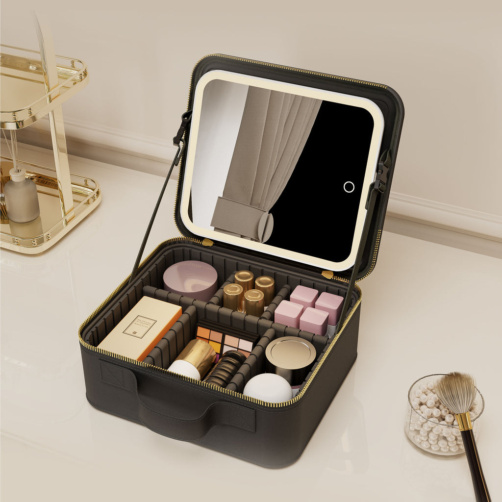 LED Vanity Makeup Case with Hollywood Mirror – Travel Organizer Gift for Girlfriend, Waterproof Large Capacity, Professional Beauty Box