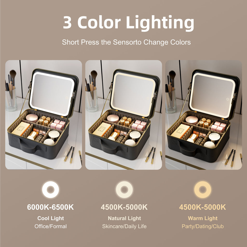 LED Vanity Makeup Case with Hollywood Mirror – Travel Organizer Gift for Girlfriend, Waterproof Large Capacity, Professional Beauty Box