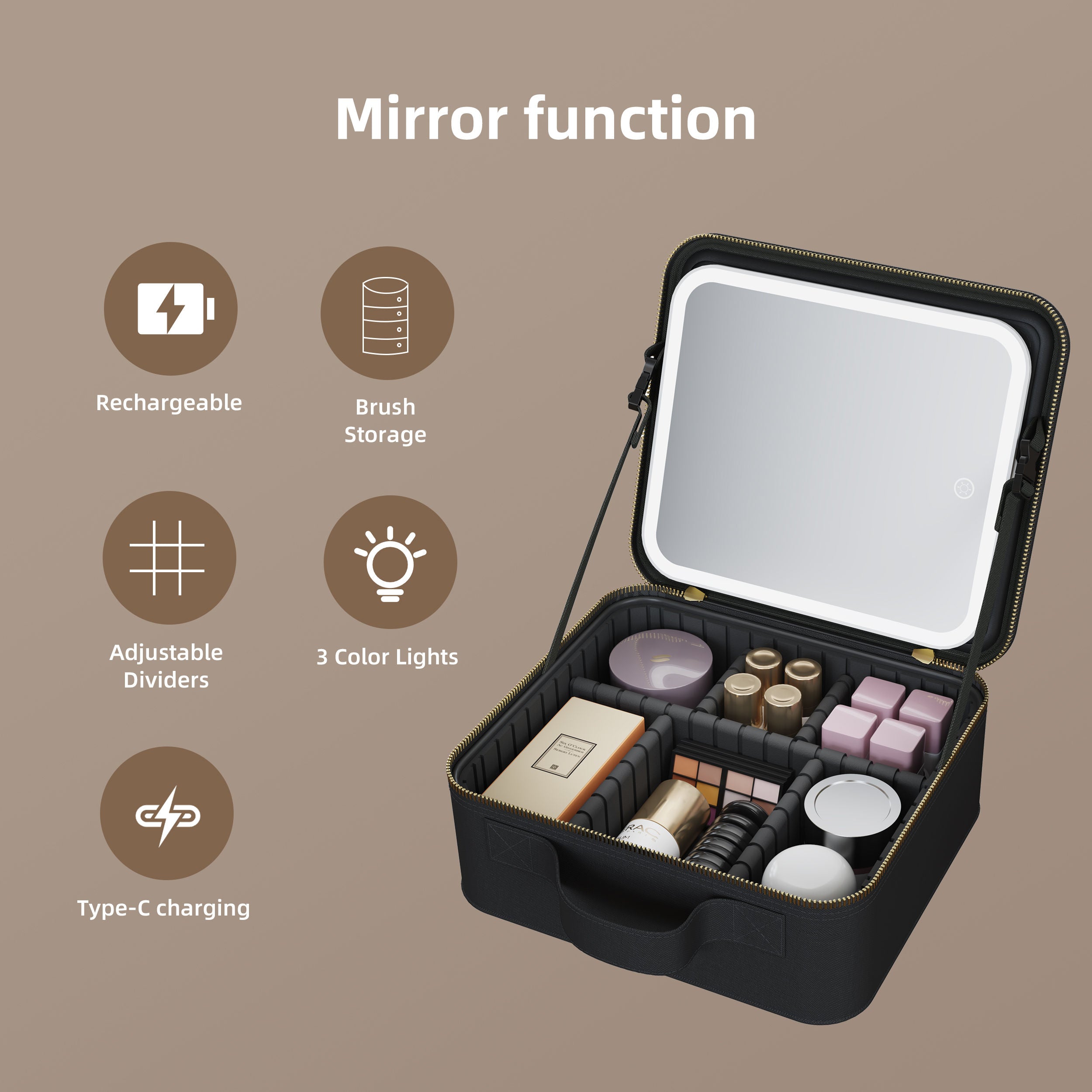 LED Vanity Makeup Case with Hollywood Mirror – Travel Organizer Gift for Girlfriend, Waterproof Large Capacity, Professional Beauty Box