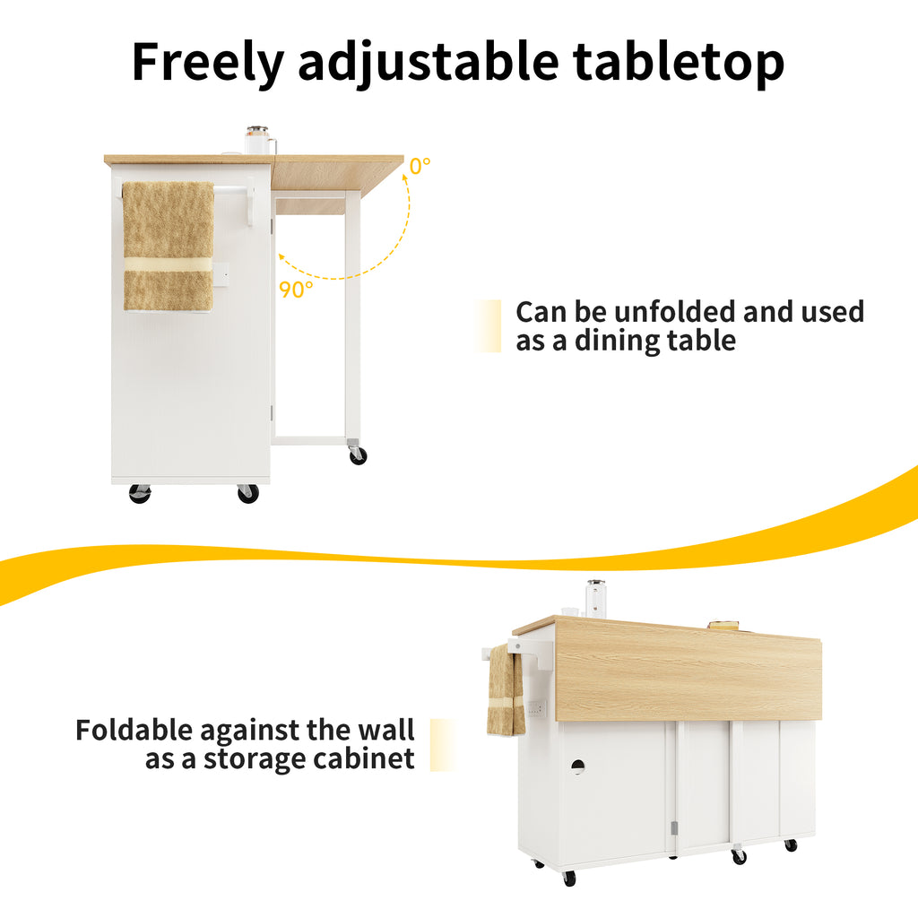 Kitchen island, kitchen trolley equipped with power socket, kitchen cabinet, removable serving trolley with wine rack, buffet cabinet, dining trolley with wood grain, buffet cabinet, white