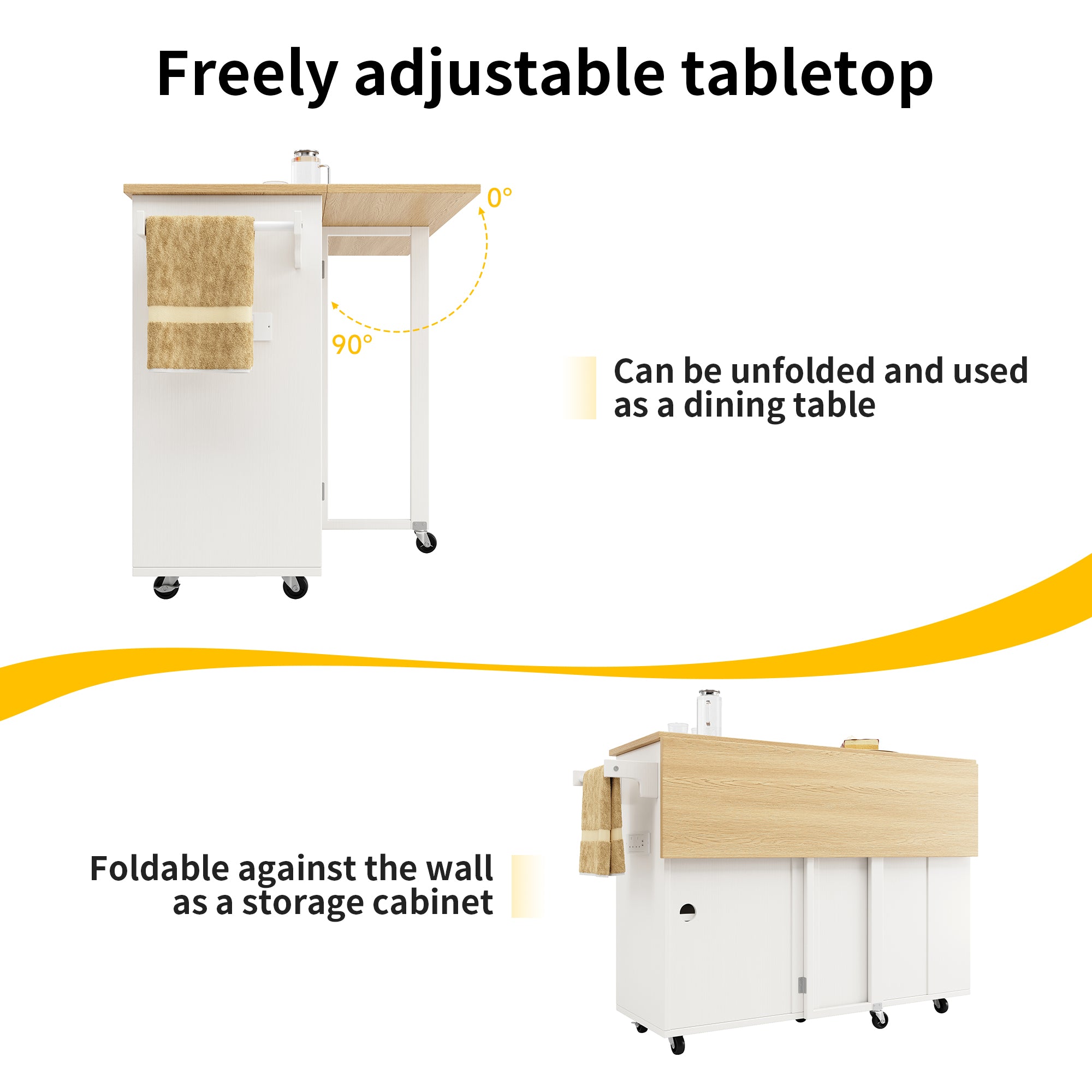 Kitchen island, kitchen trolley equipped with power socket, kitchen cabinet, removable serving trolley with wine rack, buffet cabinet, dining trolley with wood grain, buffet cabinet, white