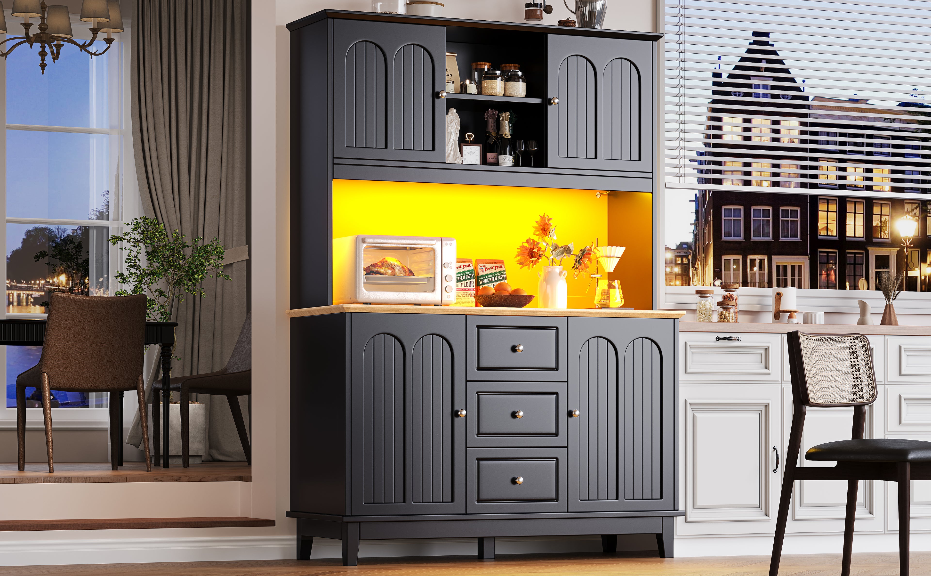Snack cabinet, kitchen cabinet (120 x 40 x 180 cm), tall kitchen dining cabinet, sideboard, kitchen cabinet with three drawers and LED lighting, suitable for kitchen, living room, dining room, black