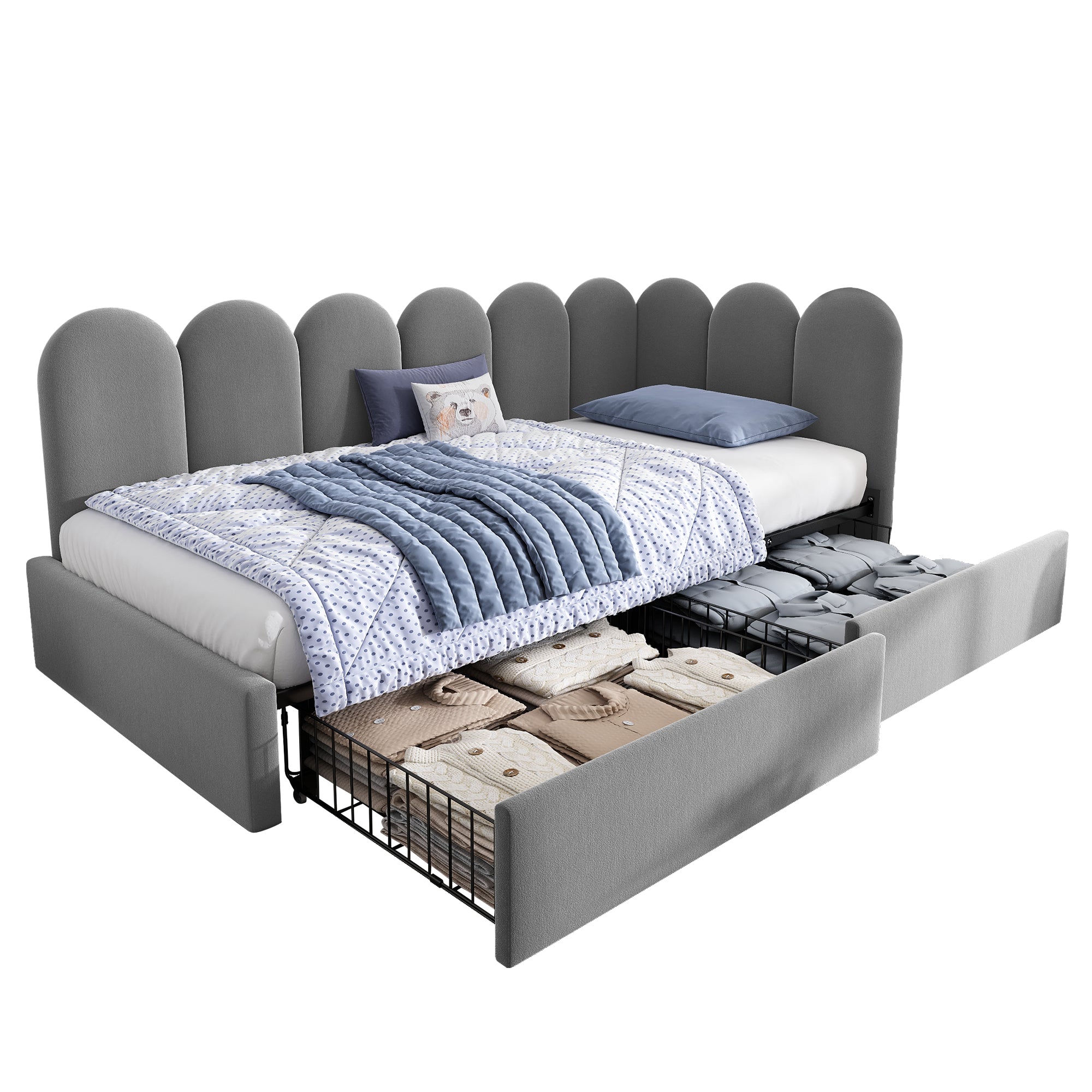 Upholstered Bed for Kids Daybed with Drawer Storage, 3FT Single Sofa Bed 90 x 190 cm, Sofa Bed for Adults and Children, Kids Bed Frame with Slatted Frame, Velvet, Grey (No Mattress)