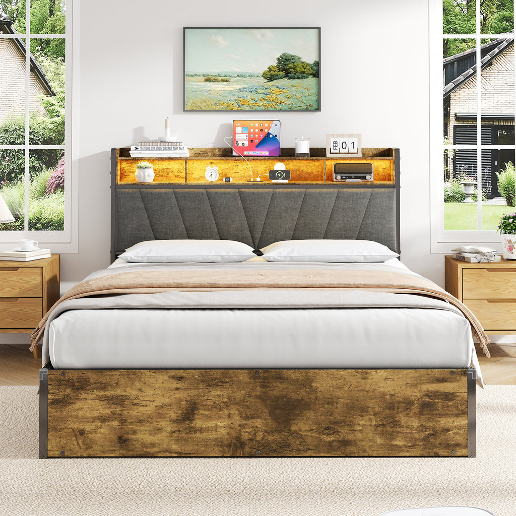 4ft6 Double Bed Frame with Hydraulic Storage, RGB LED Storage Headboard with Charging Station, USB and Type-C Ports, No Box Spring Needed, Easy Assembly, Black+Walnut (No Mattress)