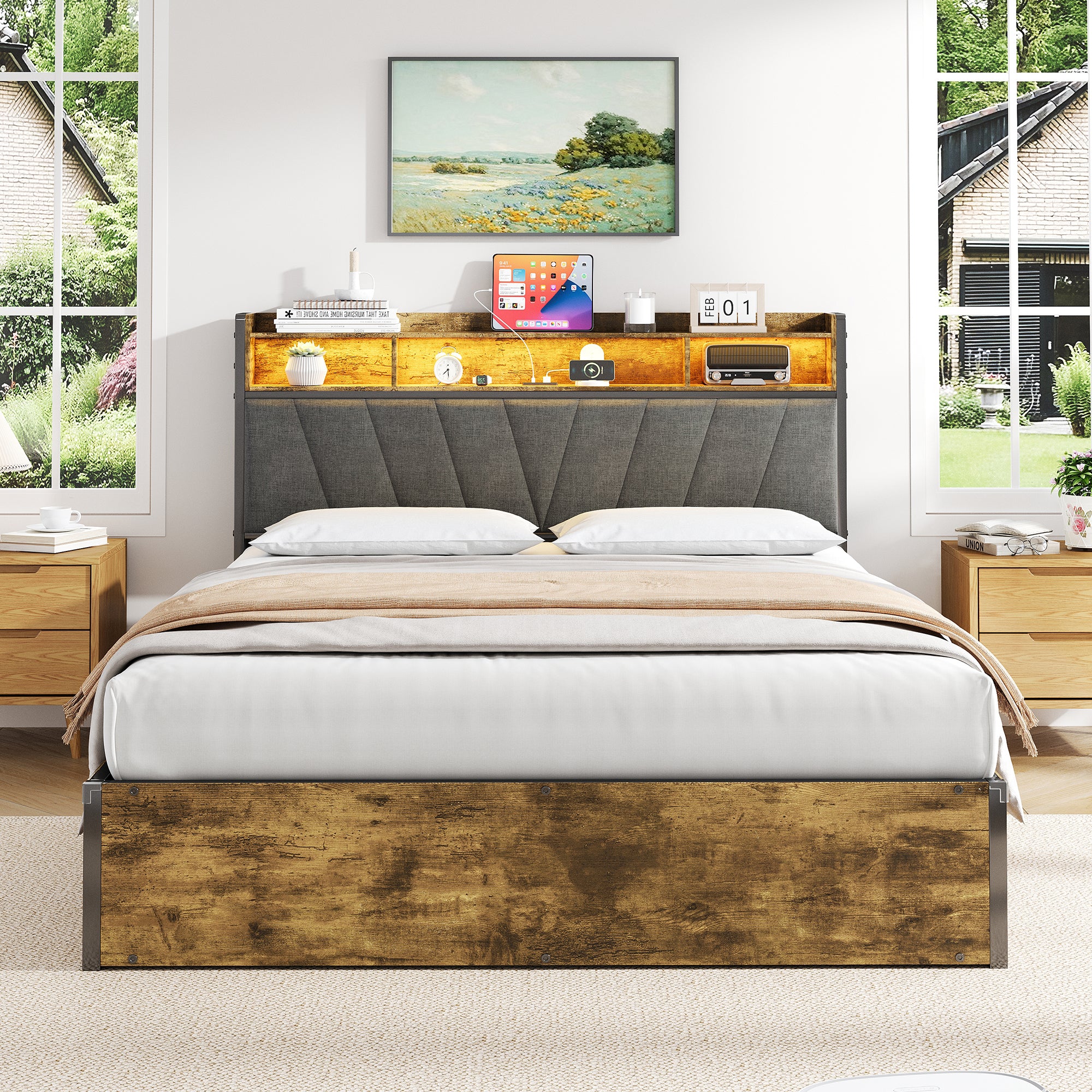 4ft6 Double Bed Frame with Hydraulic Storage, RGB LED Storage Headboard with Charging Station, USB and Type-C Ports, No Box Spring Needed, Easy Assembly, Black+Walnut (No Mattress)