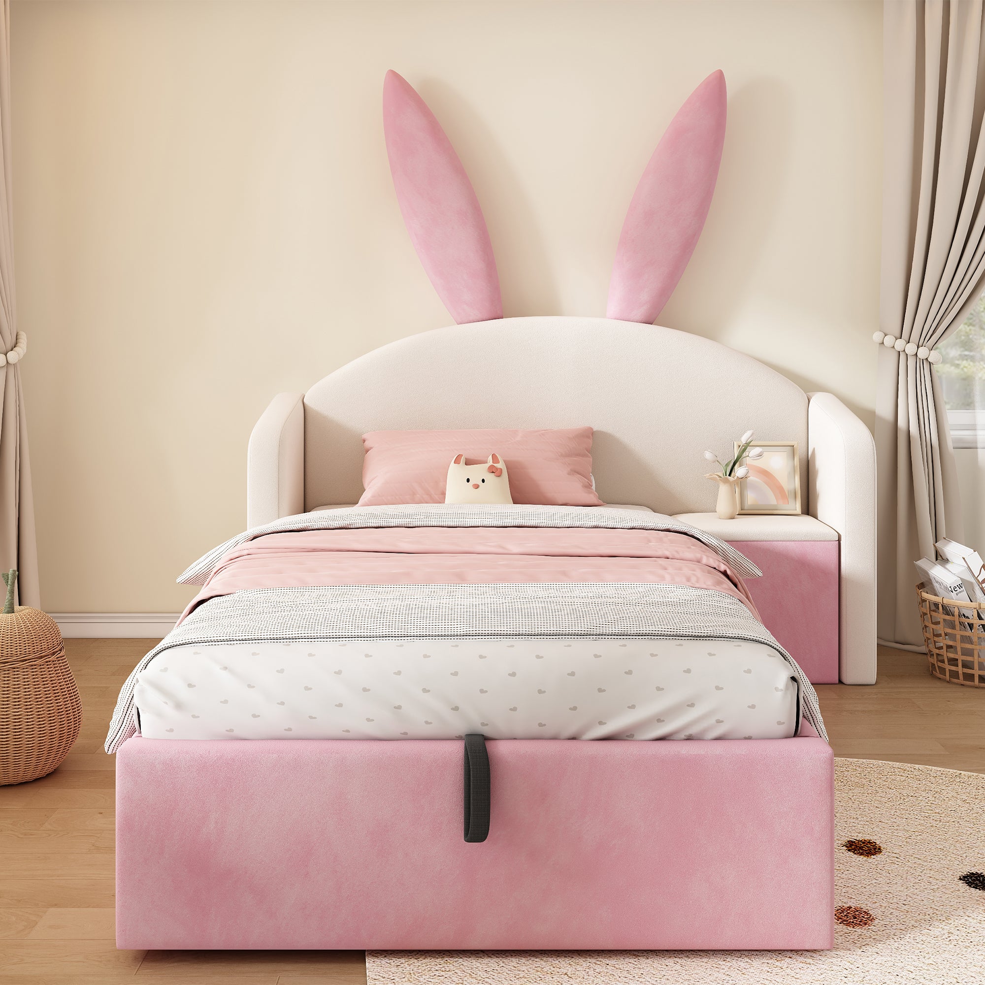 Bunny Ears Kids Bed, Single Upholstered Bed with Hydraulic Storage & Nightstand, Children Bed Frame for Girls Bedroom, 90 x 190 cm, Beige & Pink, No Mattress