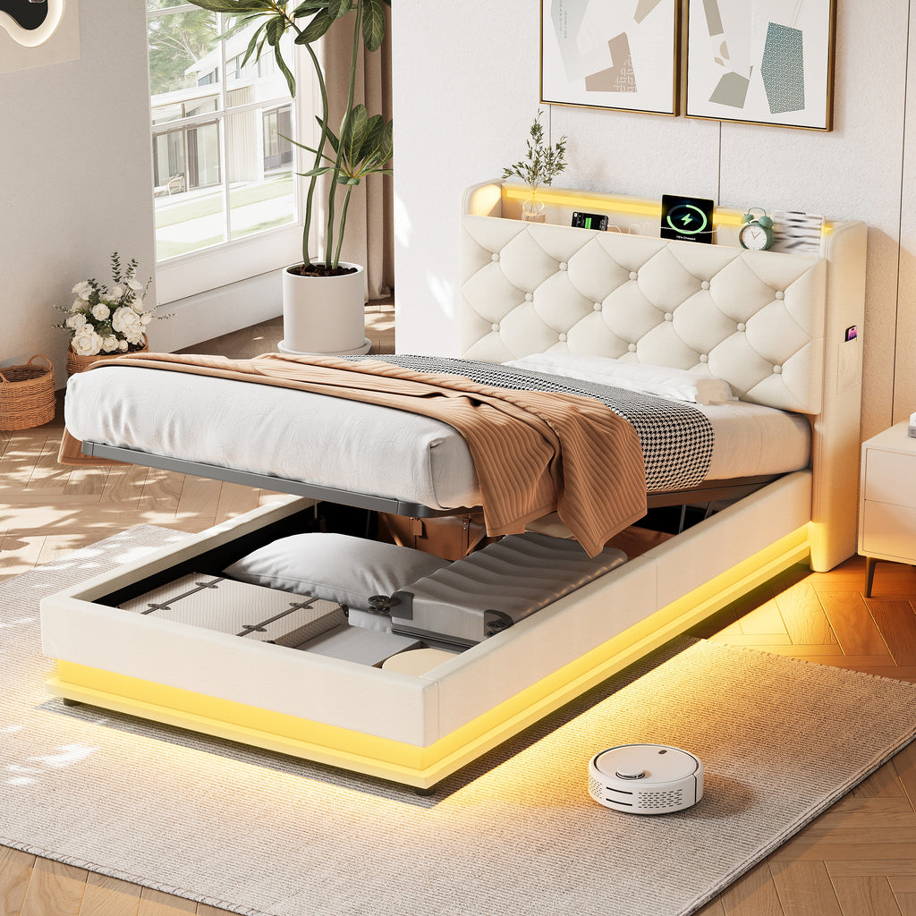 3ft Single Upholstered Bed Frame with Hydraulic Storage, LED Button Tufted Headboard with Charging Station and Concealed Headboard Storage, USB and Type-C Ports, Linen, Beige (No Mattress)