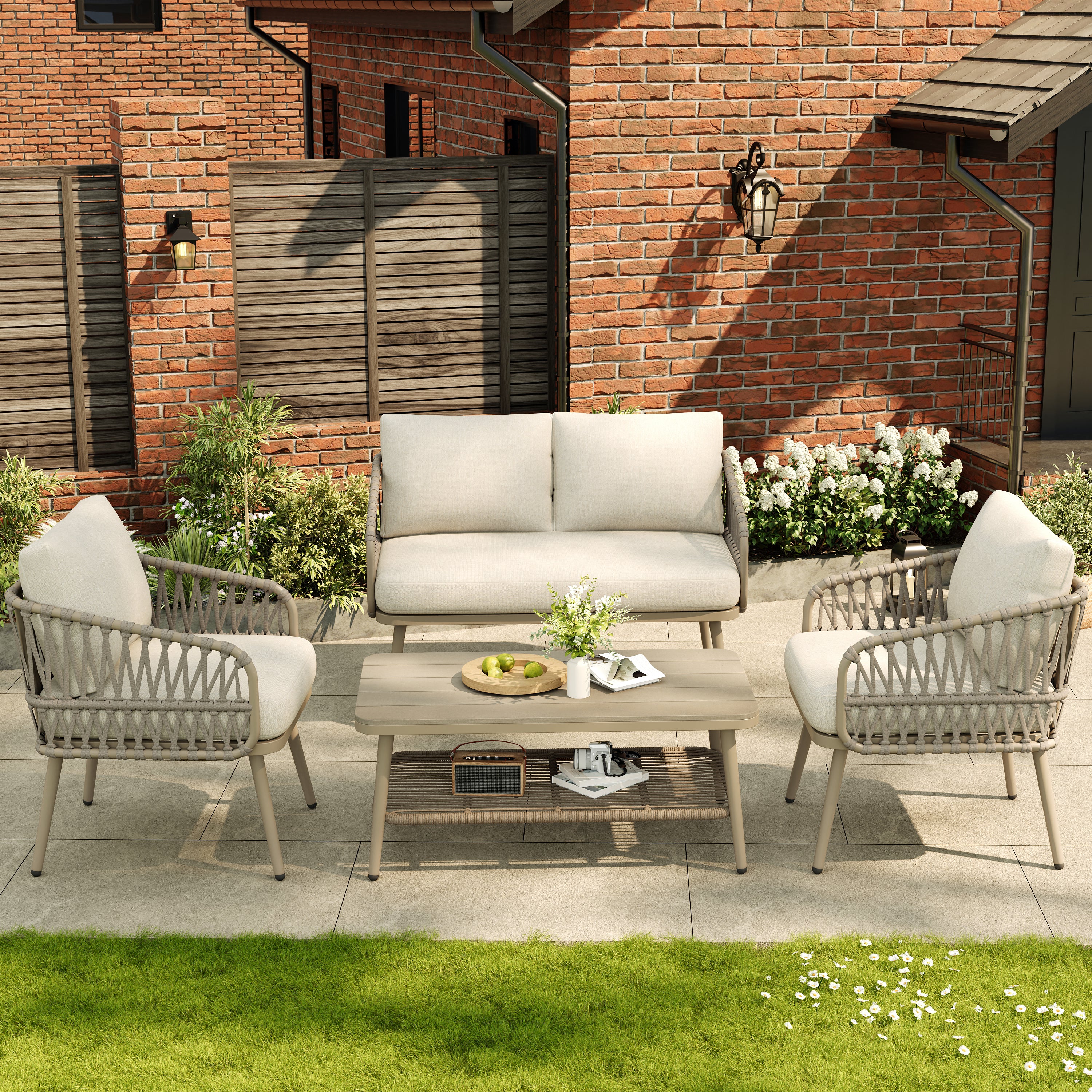 4 Seater Garden Set with Plastic Wood Storage Coffee Table, Polyester Rope Outdoor Set with Sofa and Armchairs, Weatherproof Outdoor Patio Sofa for Balcony and Terrace, Linen, Beige