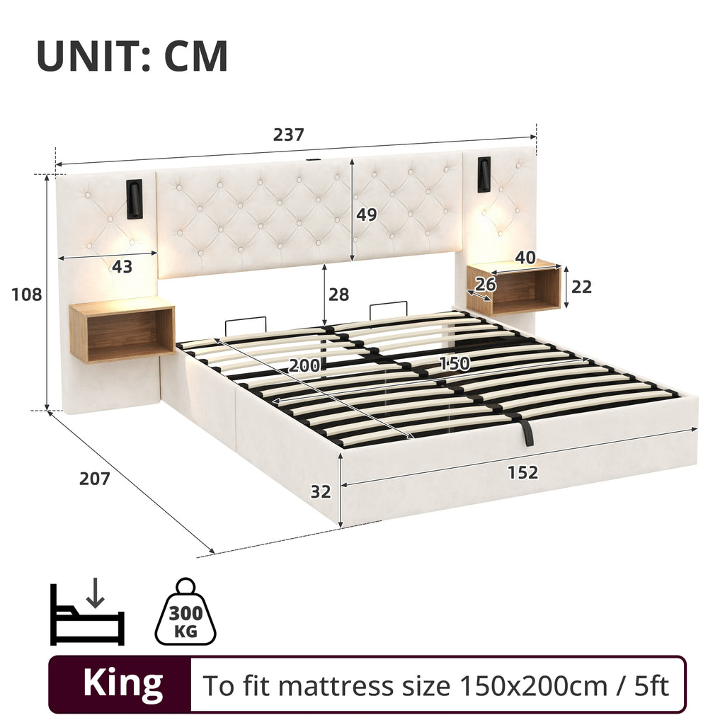 King Upholstered Bed with Charging Station, Velvet Hydraulic Storage Bed with Reading Light, 5ft King Bed Frame with Handmade Button Tufted Wide Headboard and Bedside Storage, Beige (No Mattress)