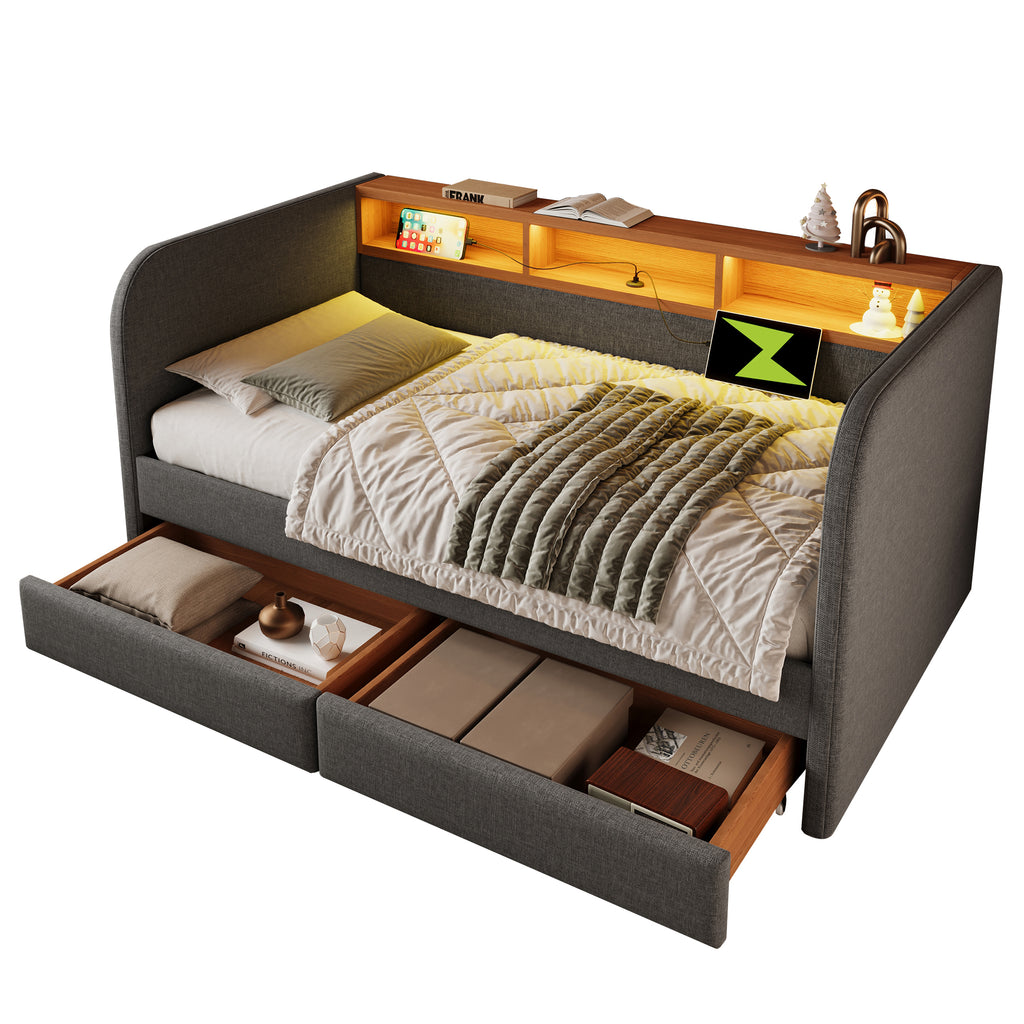 Upholstered Daybed with Headboard Storage, 90 x 190 cm Single Sofa Bed with LED and USB Type-C Reading Light, 3FT Daybed with 2 Drawers, Linen, Grey (Without Mattress)