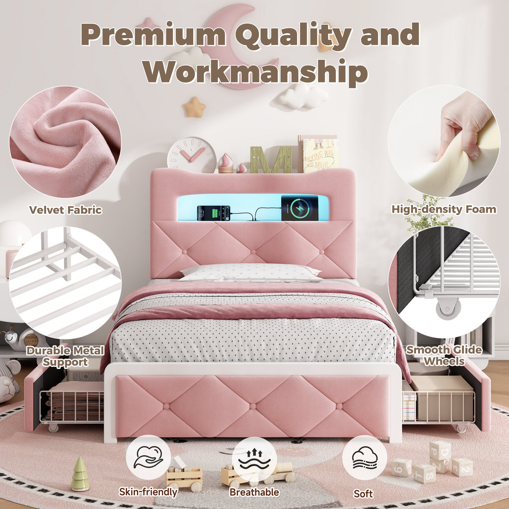 3ft Single Upholstered Bed with LED Button Tufted Bedside Storage Headboard, Velvet Bed Frame with 2 Storage Drawers, USB and Type - C Ports, No Box Spring Needed, Easy Assembly, Pink (No Mattress)