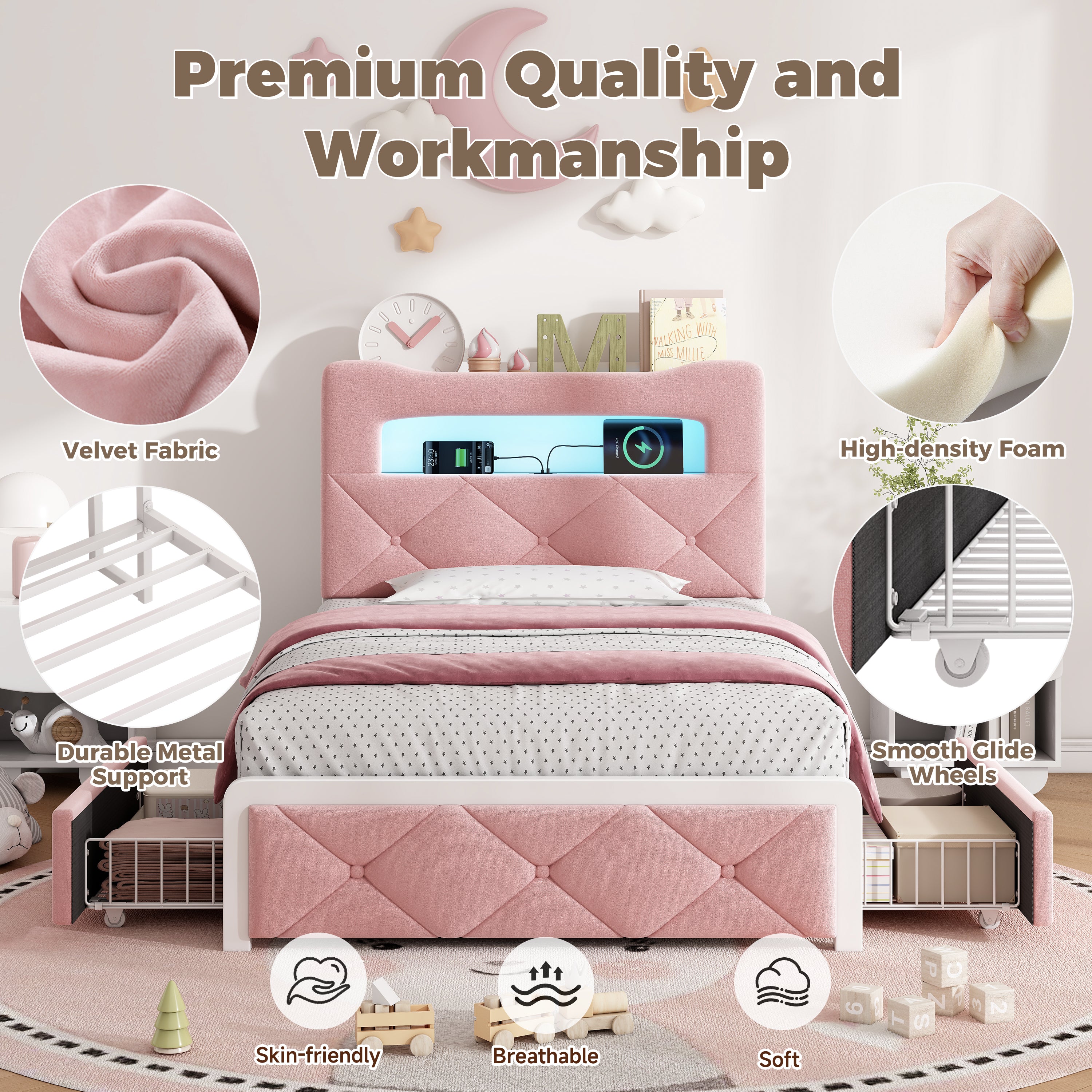 3ft Single Upholstered Bed with LED Button Tufted Bedside Storage Headboard, Velvet Bed Frame with 2 Storage Drawers, USB and Type - C Ports, No Box Spring Needed, Easy Assembly, Pink (No Mattress)