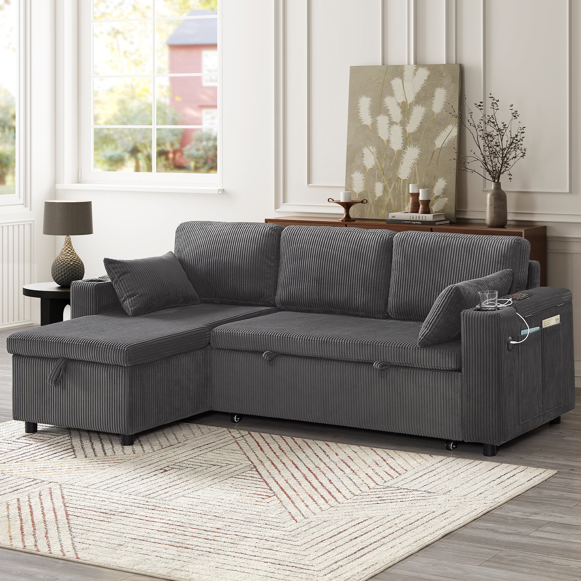 3 in 1 Convertible Corduroy Sofa Bed with Storage Chaise, L Shaped Sleeper Sofa Couches with Armrest Storage and Charging Station. Pullout Sectional Daybed for Living Room/Bedroom/Office, Grey