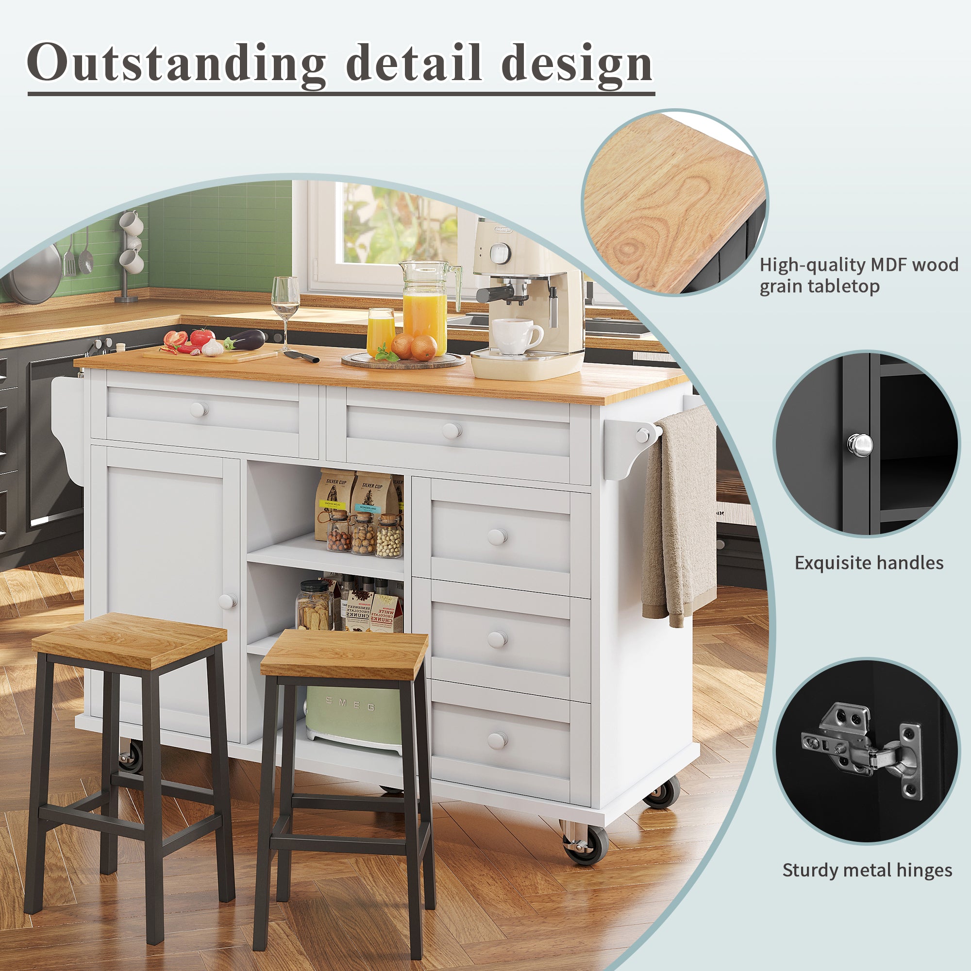 Dining trolley (134 x 46 x 92 cm), modern and simple white food trolley, combined drawer-storage cabinet design, mobile and fixed dual-use design, suitable for domestic and commercial kitchens, white