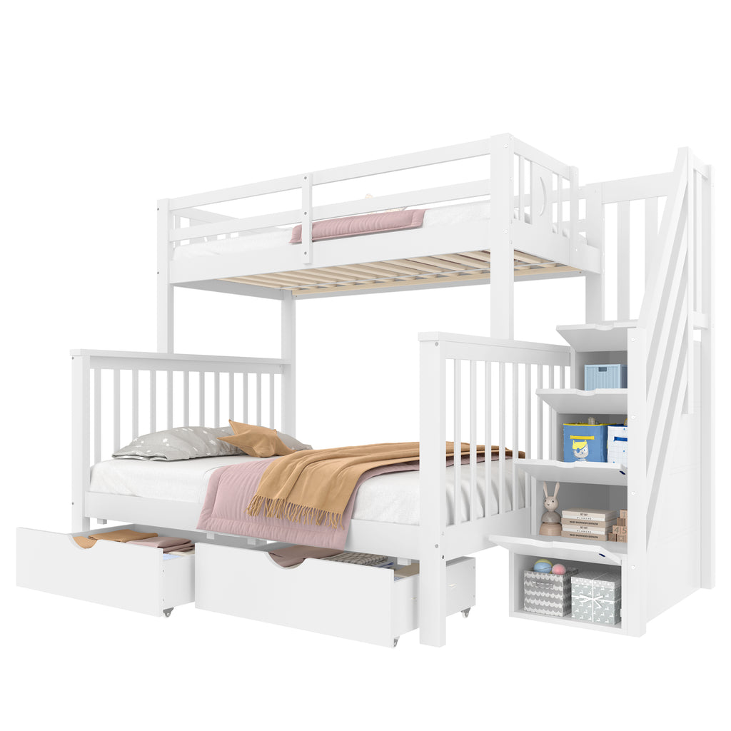 Bunk Beds for Kids, Double High Sleeper Bed Frame with Storage and Guardrail, Space-Saving Design with Drawer Storage, Children Cabin Bed with Storage Stair for Bedroom, Dorm, White (No Mattress)