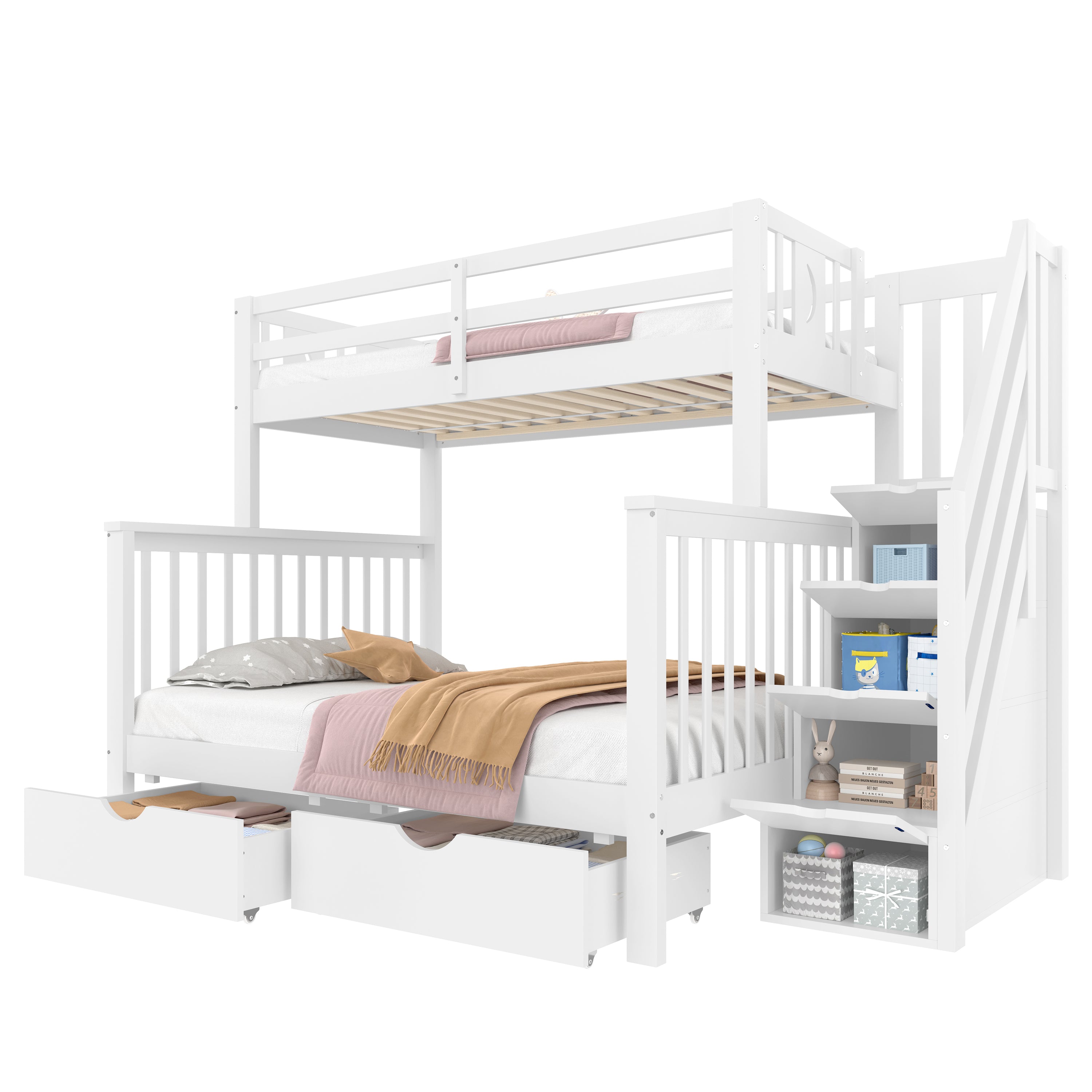 Bunk Beds for Kids, Double High Sleeper Bed Frame with Storage and Guardrail, Space-Saving Design with Drawer Storage, Children Cabin Bed with Storage Stair for Bedroom, Dorm, White (No Mattress)