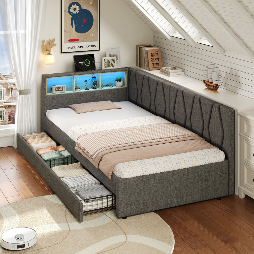 3ft Single Daybed with Two Storage Drawers, LED Modern Bed frame with Charging Station, Linen Sofa Bed for Living Room/ Bedroom/ Study Room, 90X190cm, Easy Assembly, Grey (No Mattress)