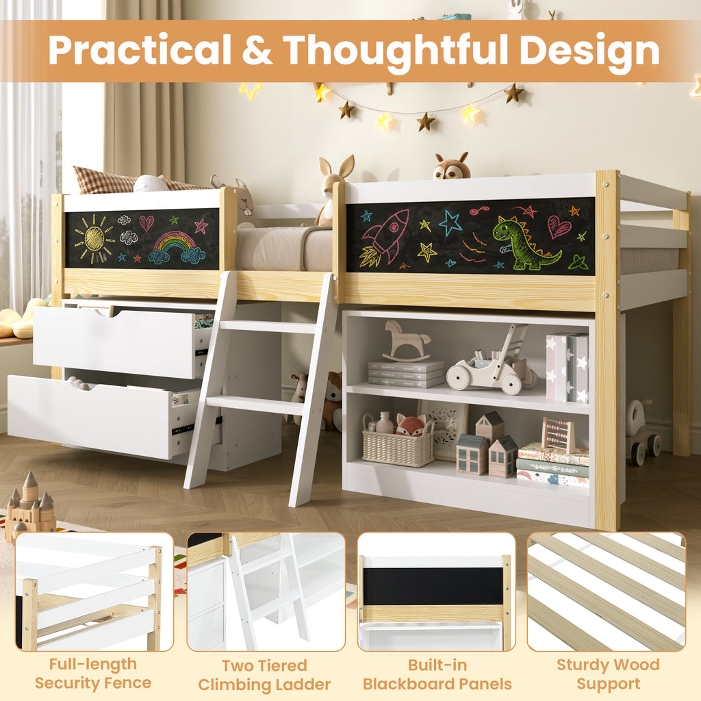3ft Single Low Loft Bed with Blackboard, Modern Wood Bed Frame with Drawers and Storage Shelves, Under-bed Space, Modern Bed with Safety Guardrail, Saving-space Design, White (No Mattress)