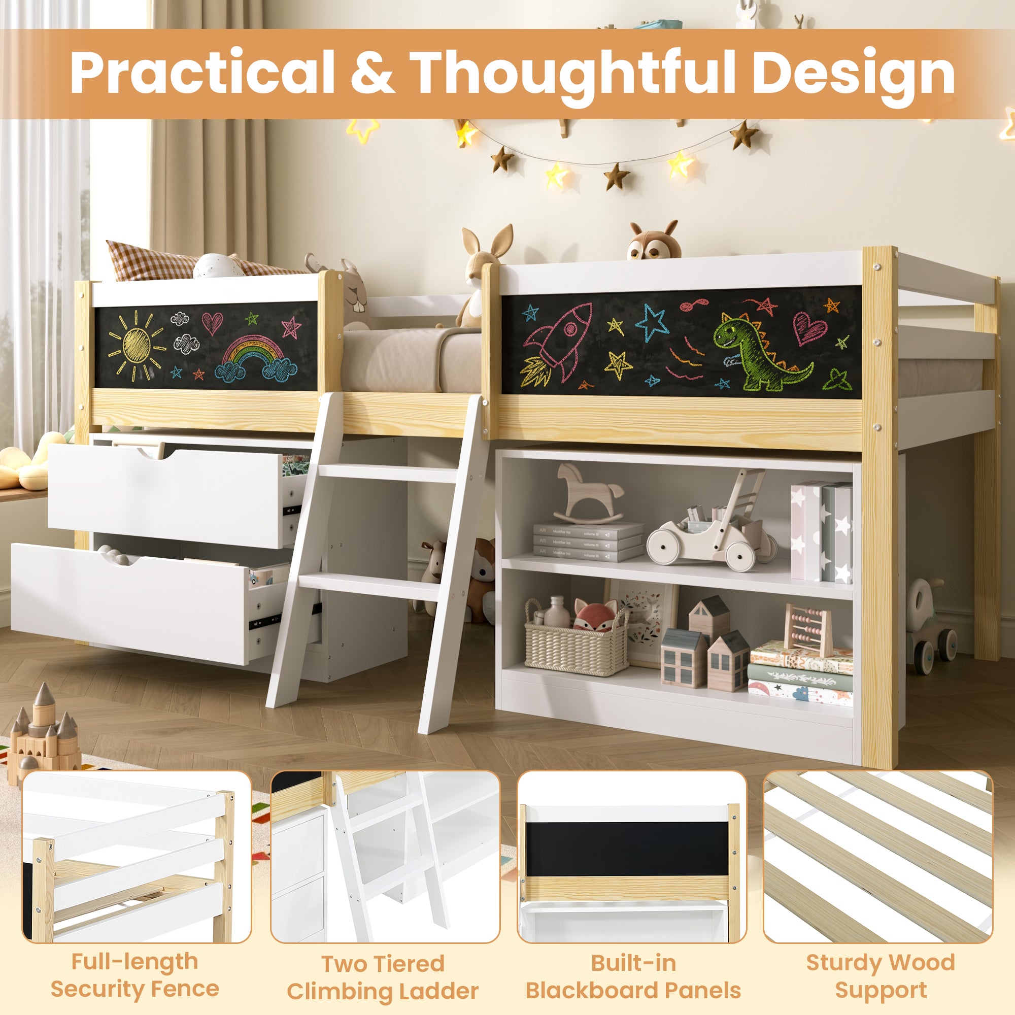 3ft Single Low Loft Bed with Blackboard, Modern Wood Bed Frame with Drawers and Storage Shelves, Under-bed Space, Modern Bed with Safety Guardrail, Saving-space Design, White (No Mattress)