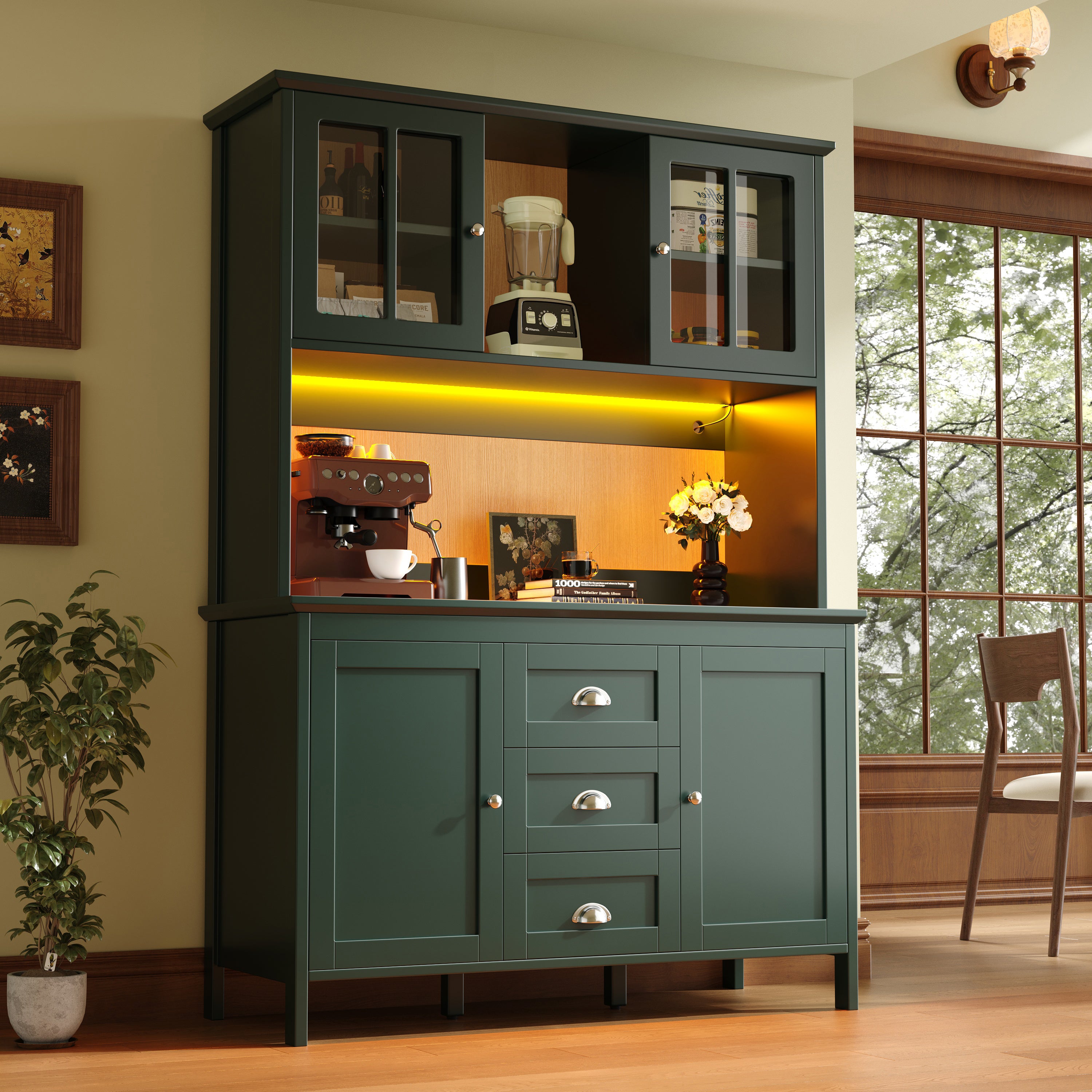 Sideboard, Storage Cabinet, Kitchen Cabinet, Tall Sideboard with LED Lighting, 120x40x179 cm, 4 Doors & 3 Drawers, Black/Green