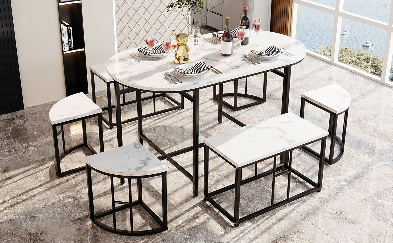 Dining room table set with six chairs, Dining group with white MDF seat cushions and gold-plated iron frames, Modern luxury tables and chairs