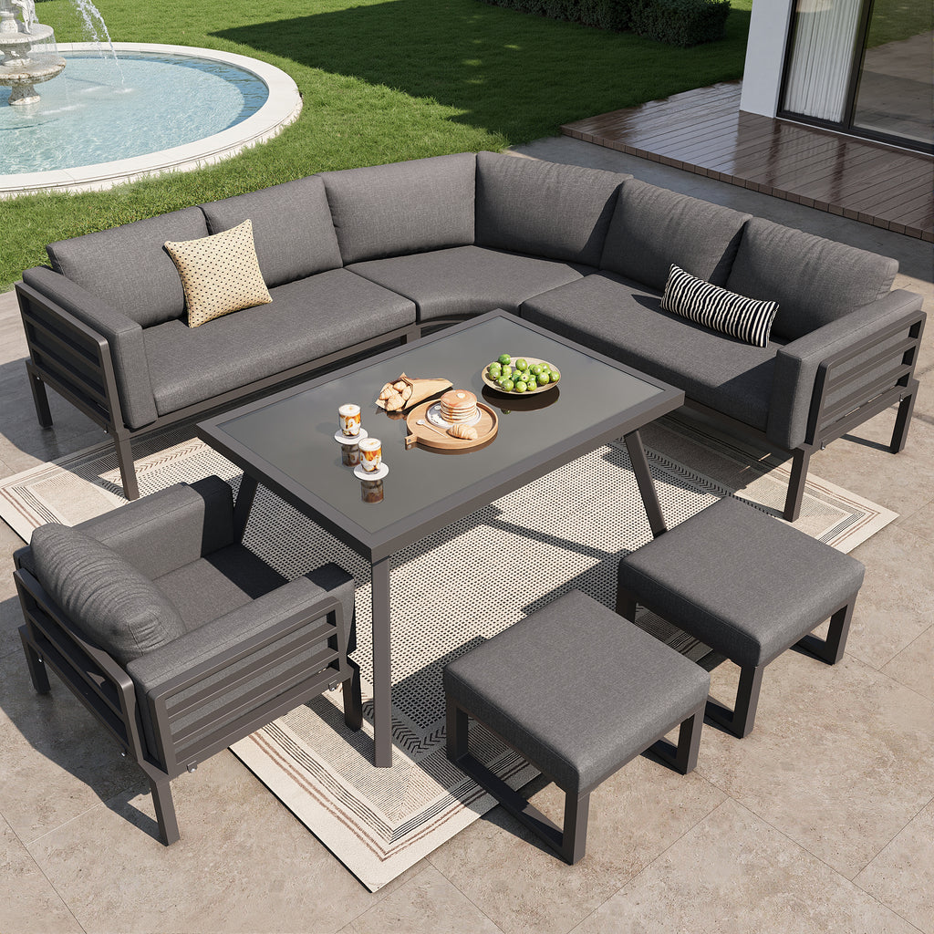 Crescent-shaped garden sofa set for 8 people / Sturdy iron frame with grey cushions / Complete with glass table, 1 armchair & 2 stools / Weatherproof patio furniture for balcony