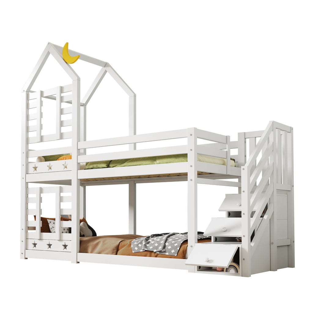 Bunk Bed Storage Children Cabin Bed Single Bed with Window for Kids, Twin Sleeper 190x90 cm, Solid Pine Wood,3FT -White(=SKU:TT30352678W)