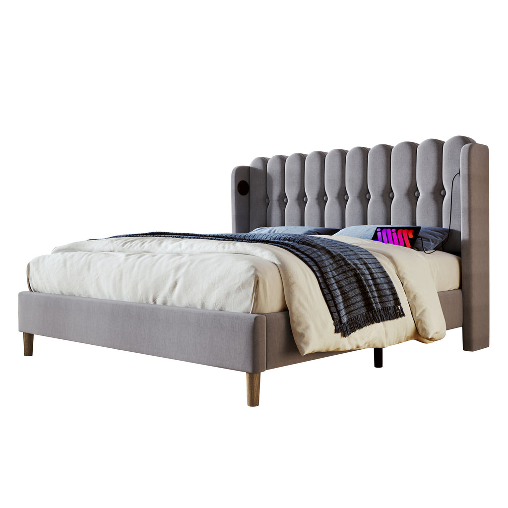 Upholstered Double Bed with USB and Type-C Charging, Bed Frame with Wooden Slatted Frame, Teenager Bed for Bedroom & Guest Room,4ft6 135 x 190 cm Bed Frame, Grey, Linen Material (No Mattress) .