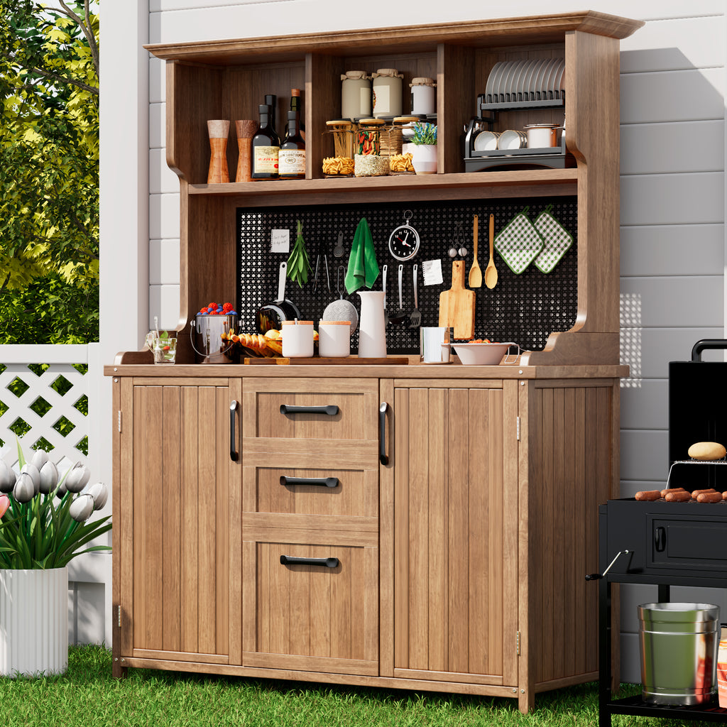 Wooden garden cabinet, garden tool cabinet made of solid fir wood – freestanding cabinet with 3 drawers, 3 compartments, metal pegboard and adjustable shelves