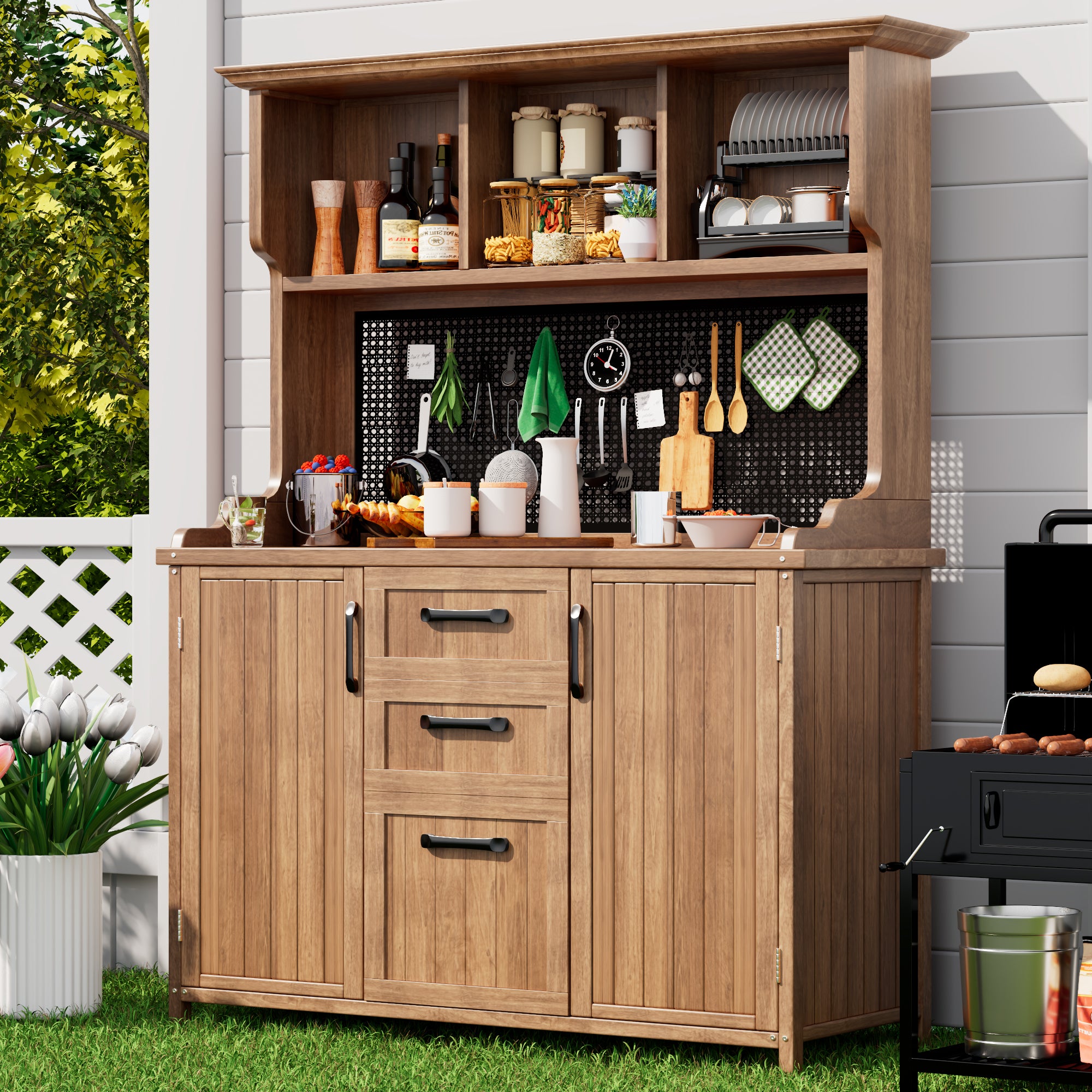 Wooden garden cabinet, garden tool cabinet made of solid fir wood – freestanding cabinet with 3 drawers, 3 compartments, metal pegboard and adjustable shelves