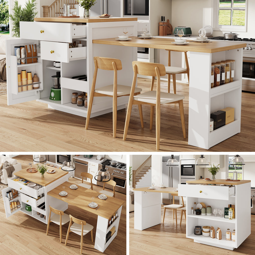 Extendable bar table with storage (122.5-195.5×70×93.8cm), with three drawers and wine rack, kitchen island with extendable table, for 2-6 people, kitchen dining cart with side shelves, white