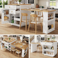 Extendable bar table with storage (122.5-195.5×70×93.8cm), with three drawers and wine rack, kitchen island with extendable table, for 2-6 people, kitchen dining cart with side shelves, white