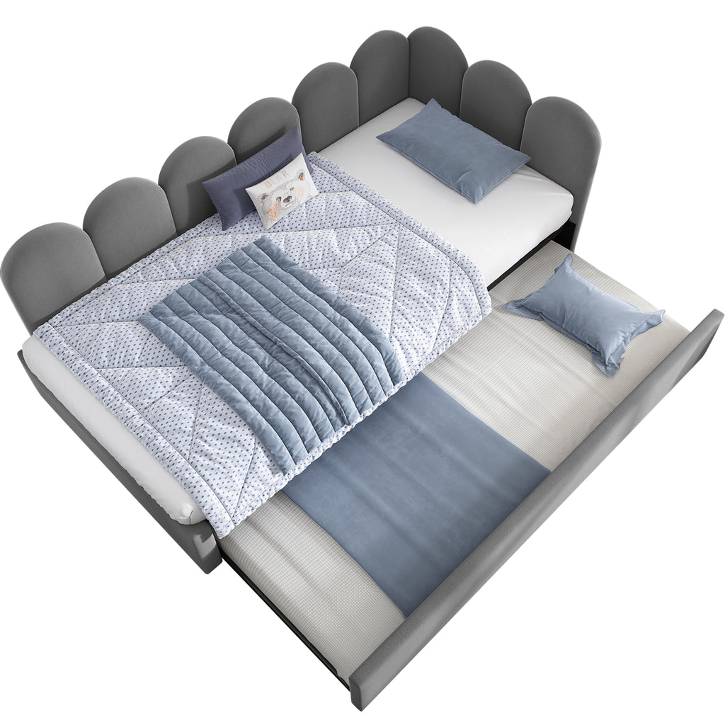 Upholstered Bed Daybed with Pull-Out Bed, 3FT Single Sofa Bed 90 x 190 cm, Guest Beds for Adults and Children, Bed with Slatted Frame, Velvet, Grey (No Mattress)