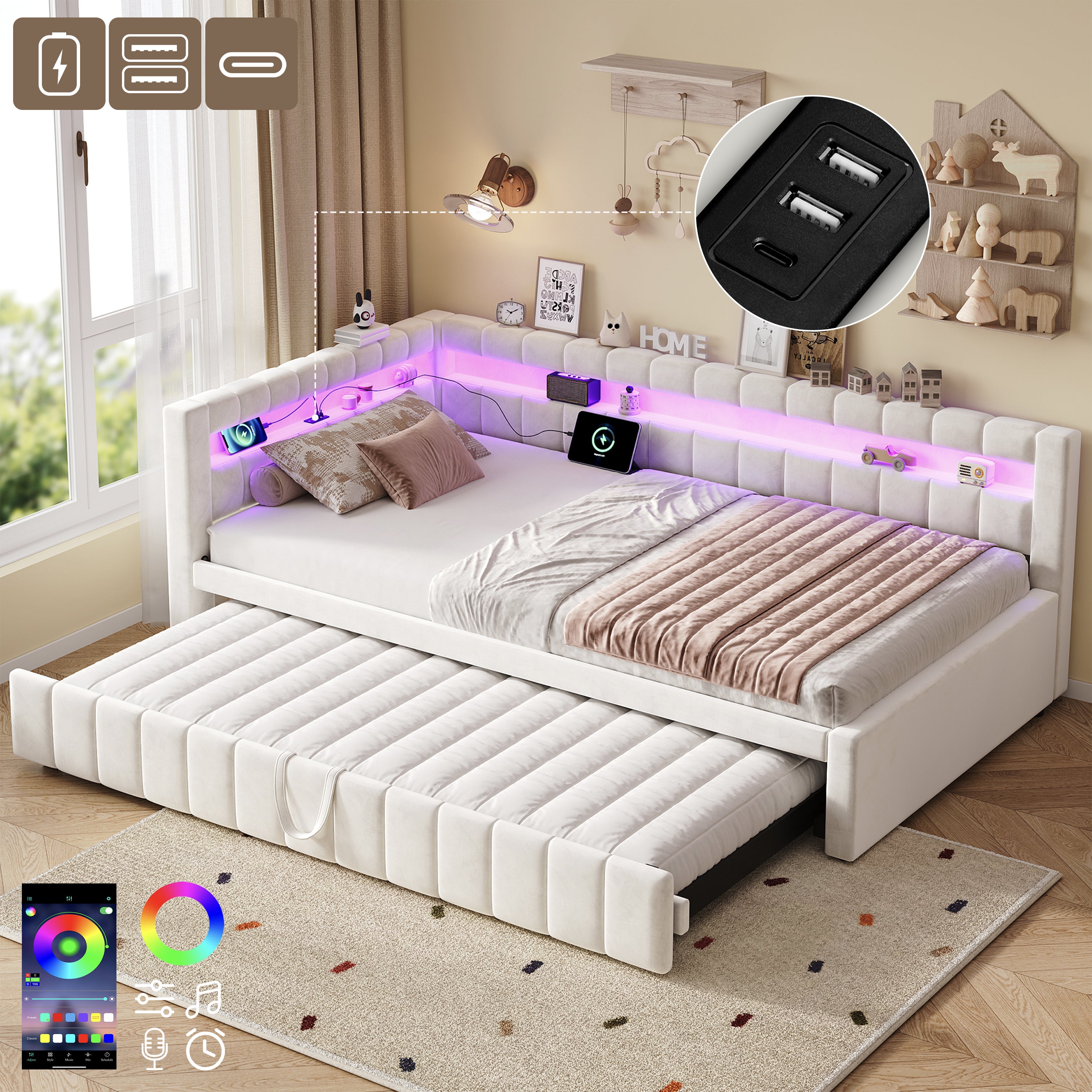 3ft Single Velvet Daybed, Sofa Bed with RGB LED Lights and Charging Station, Upholstered Sofa Bed with Trundle, Pull out Trundle Bed for Living Room, Bedroom or Study, Beige (No Mattress)