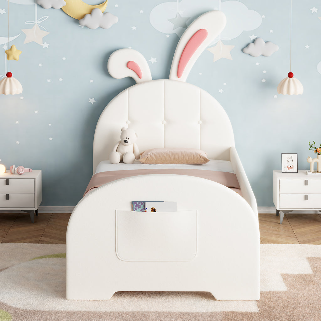 3ft Single Rabbit-Shaped Upholstered Bed Frame, Bunny Ear Headboard & Footboard Storage Pocket, Soft PU Leather Single Bed with Sturdy Metal-Wood Frame, Cream White (No Mattress)