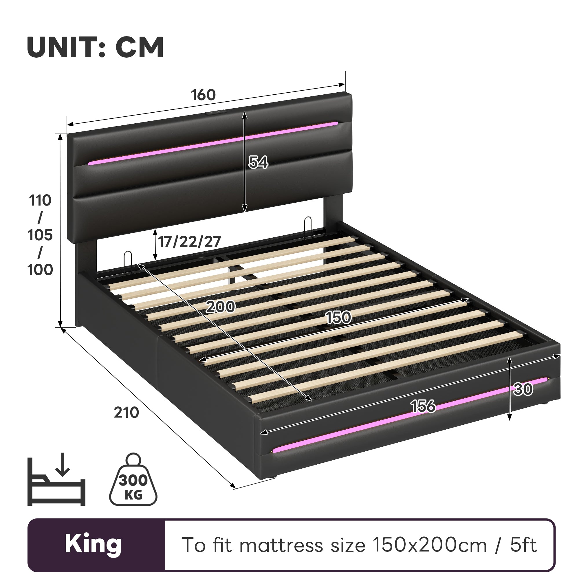 5ft King Upholstered Bed Frame with Hydraulic Storage, PU Ottoman Bed with LED Lighting and Charging Station, LED Adjustable Headboard with USB and Type - C Ports, Black (No Mattress)