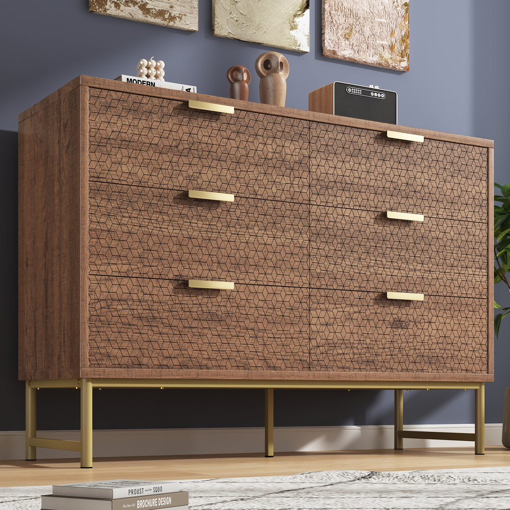 Embossed Design Sideboard Cabinet Dresser with 6 Drawers,  Anti-tip,  Sideboard for  Living Room, Hallway, Bedroom, and Children's Room, 120 x 40 x 75 cm, Walnut