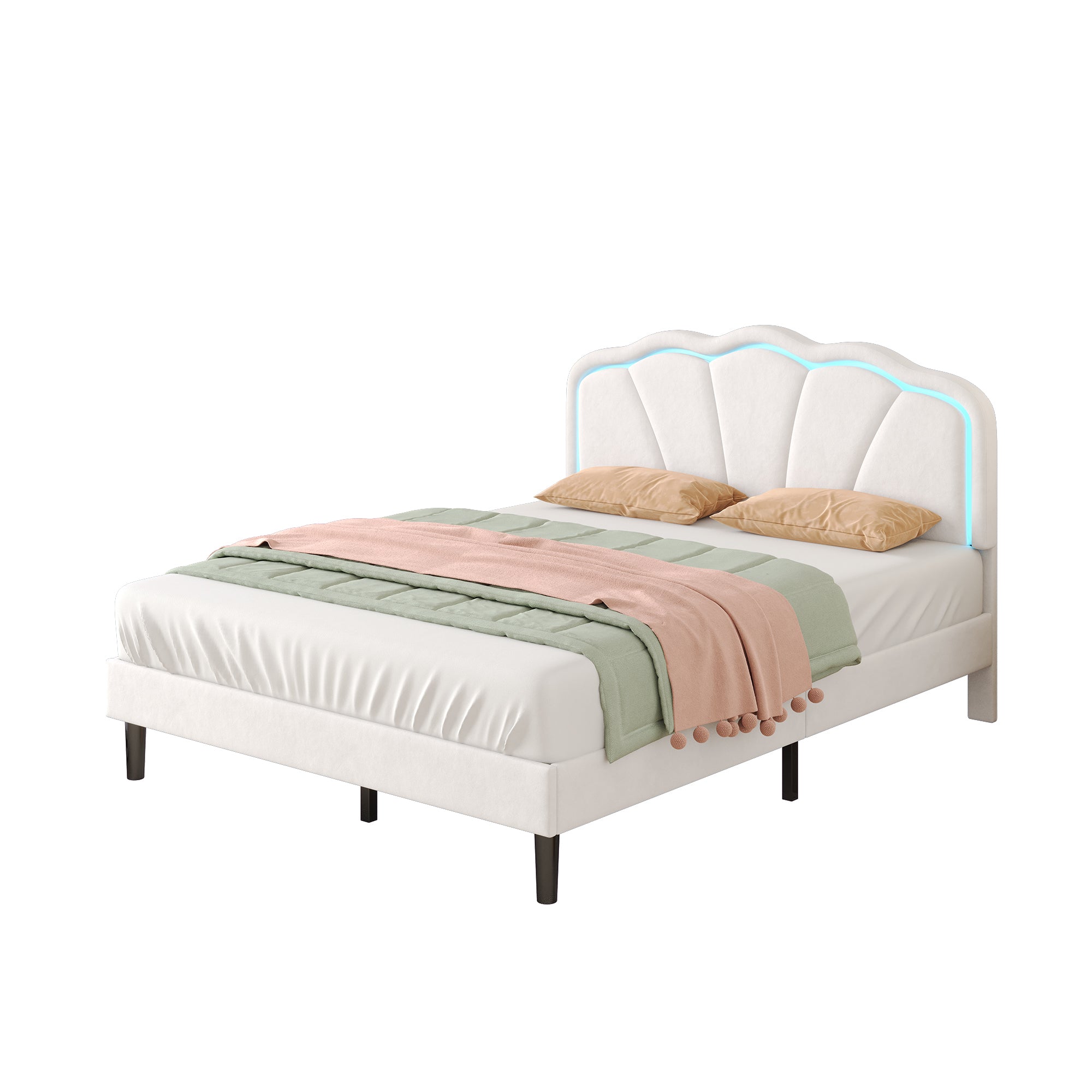 4ft6 Double Upholstered Bed with LED Adjustable Shell Shape Headboard, Soft Velvet Bed Frame with Solid Wood Slat, No Box Spring Needed, Easy Assembly, Cream White (No Mattress)