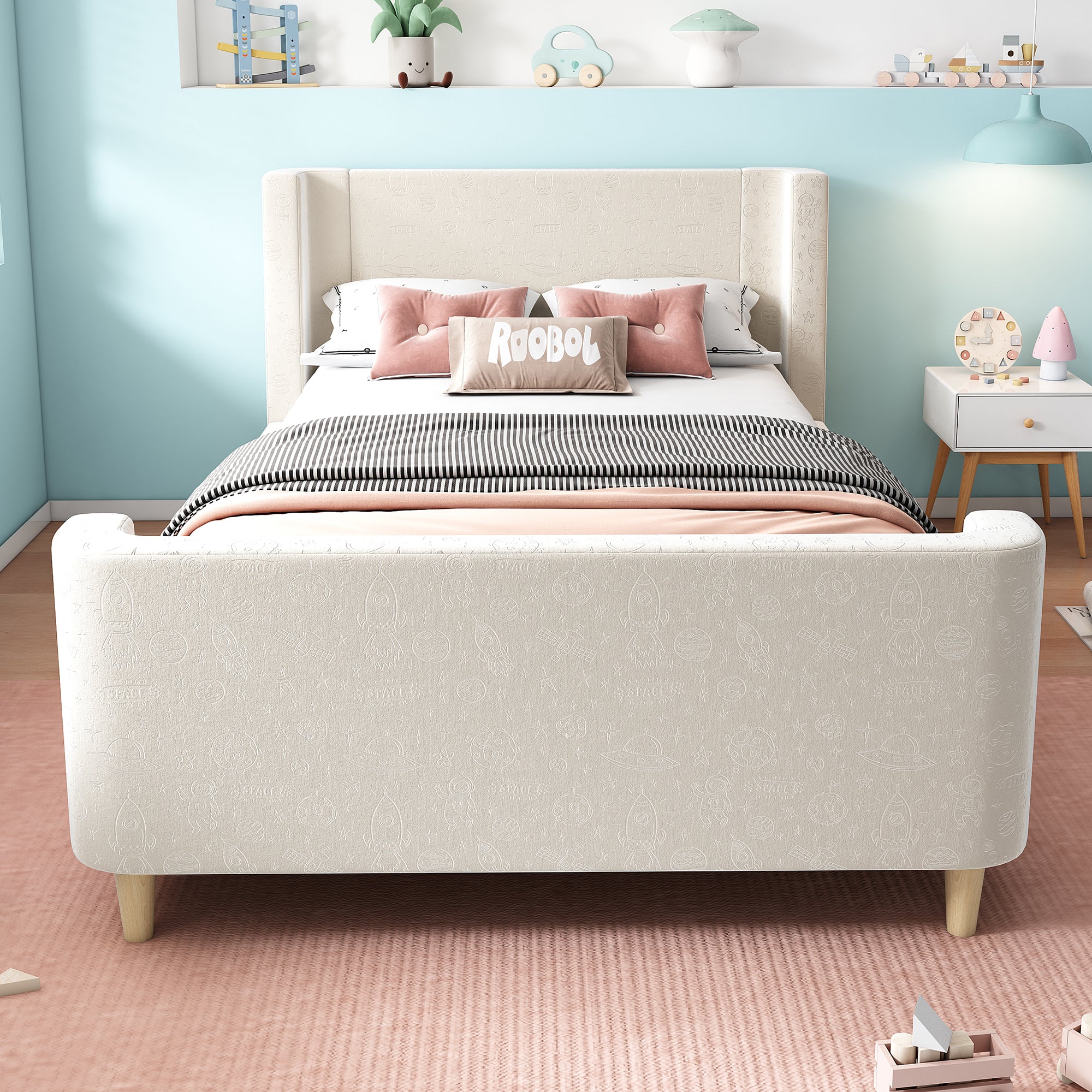 3FT Upholstered Bed, 90 x 190 cm Single Bed with Cosmic Pattern, Sleigh-style Teen Bed, Bed Frame for Boys and Girls, Beige, Velvet (Without Mattress)