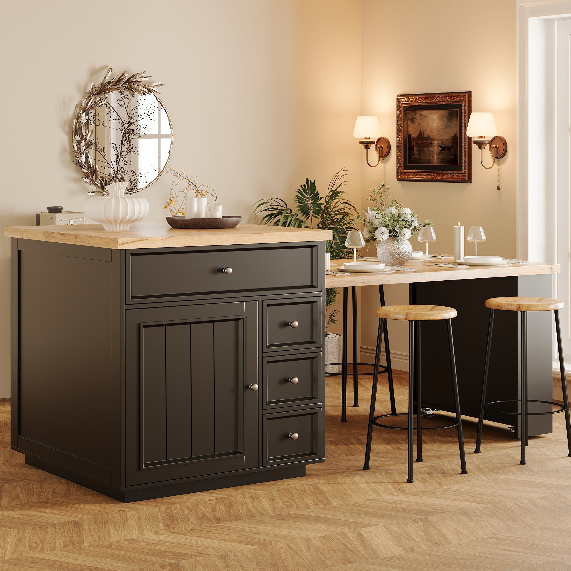 Extendable kitchen island (120-184 cm) with drawers and casters, mobile kitchen island with wood-look tabletop, versatile counter island for kitchen, dining room & bar counter, white/black