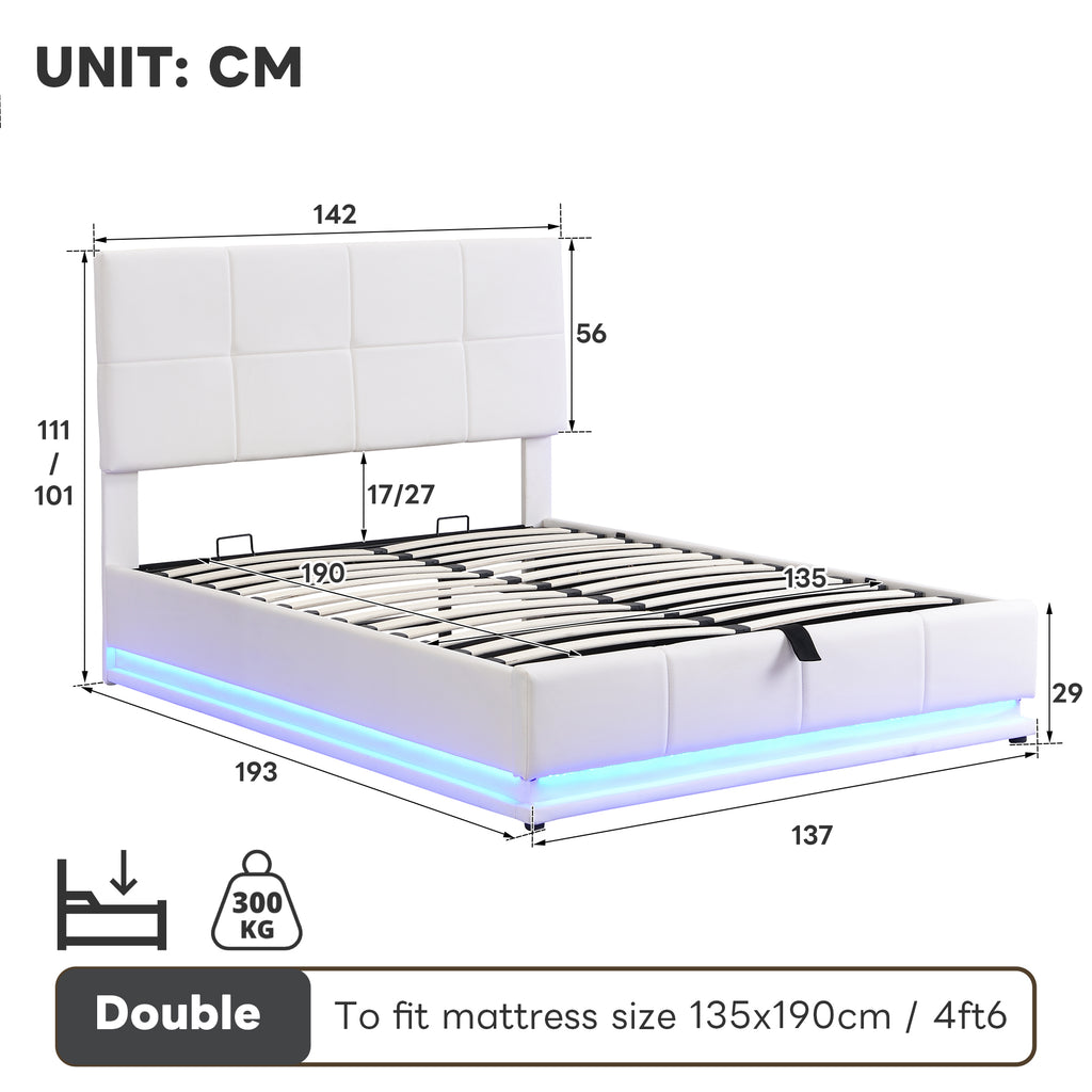 Ottoman Double Bed with LED Lighting, PU Leather Upholstered Bed with Hydraulic Storage, 4ft6 Double Bed Frame with Adjustable Square Tufted Headboard, Cream White (No Mattress)