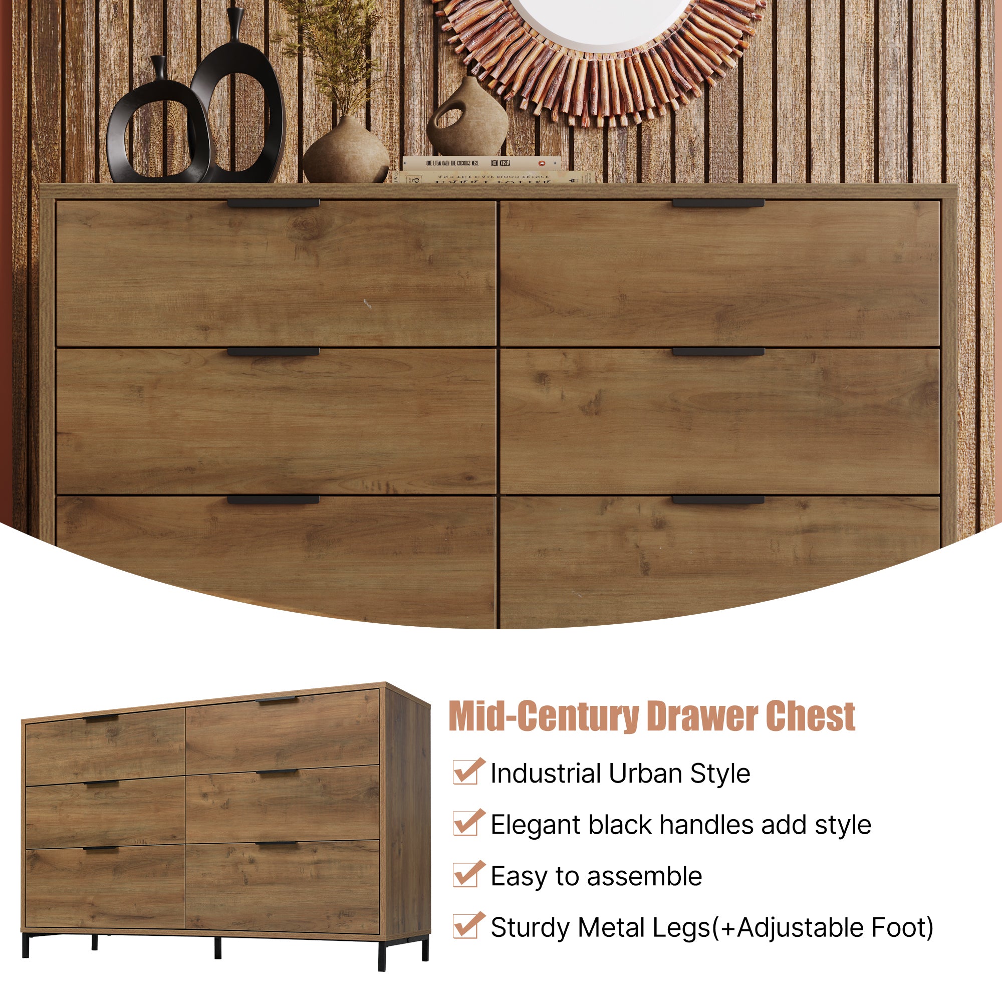  Sideboard Cabinet for Living Room, Chest of Drawers with 6 Drawers, Dark Oak, 120W x 40D x 76H cm