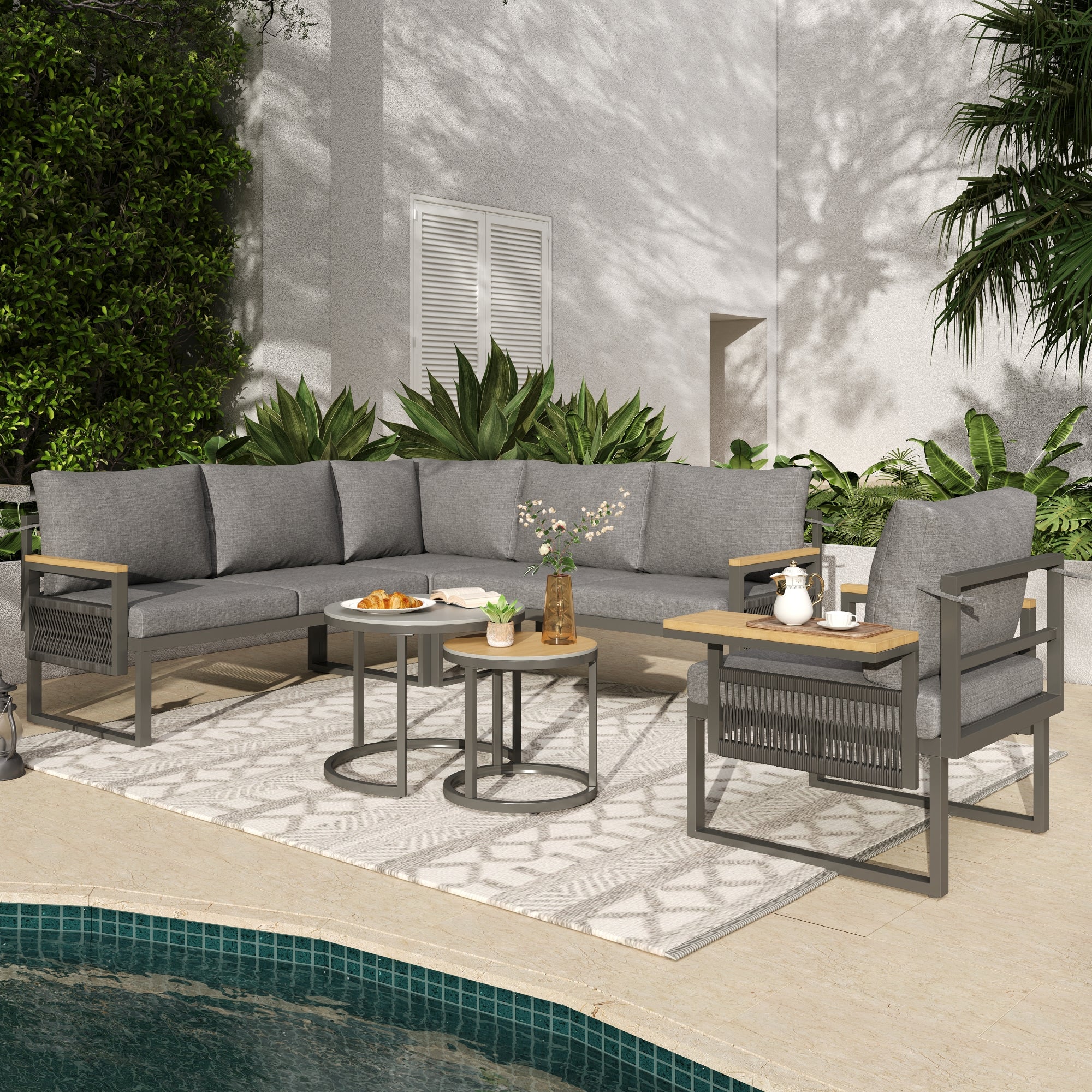 5-6 Seater Garden Furniture Set, Rope Woven Outdoor Corner Sofa with Matching Armchair, 2 Nesting Tempered Glass Coffee Tables and Adjustable Handrail Trays, Patio Lounge Set, Linen, Grey