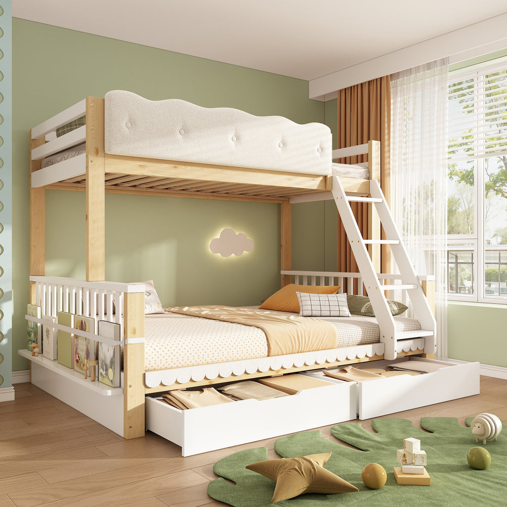 Bunk Beds for Kids, Children's Bunk Bed with Drawers and Side Bookshelf, Double Bunk Bed for Family with Multiple Children, (90+135) x 190 cm, Solid Wood, White & Nature