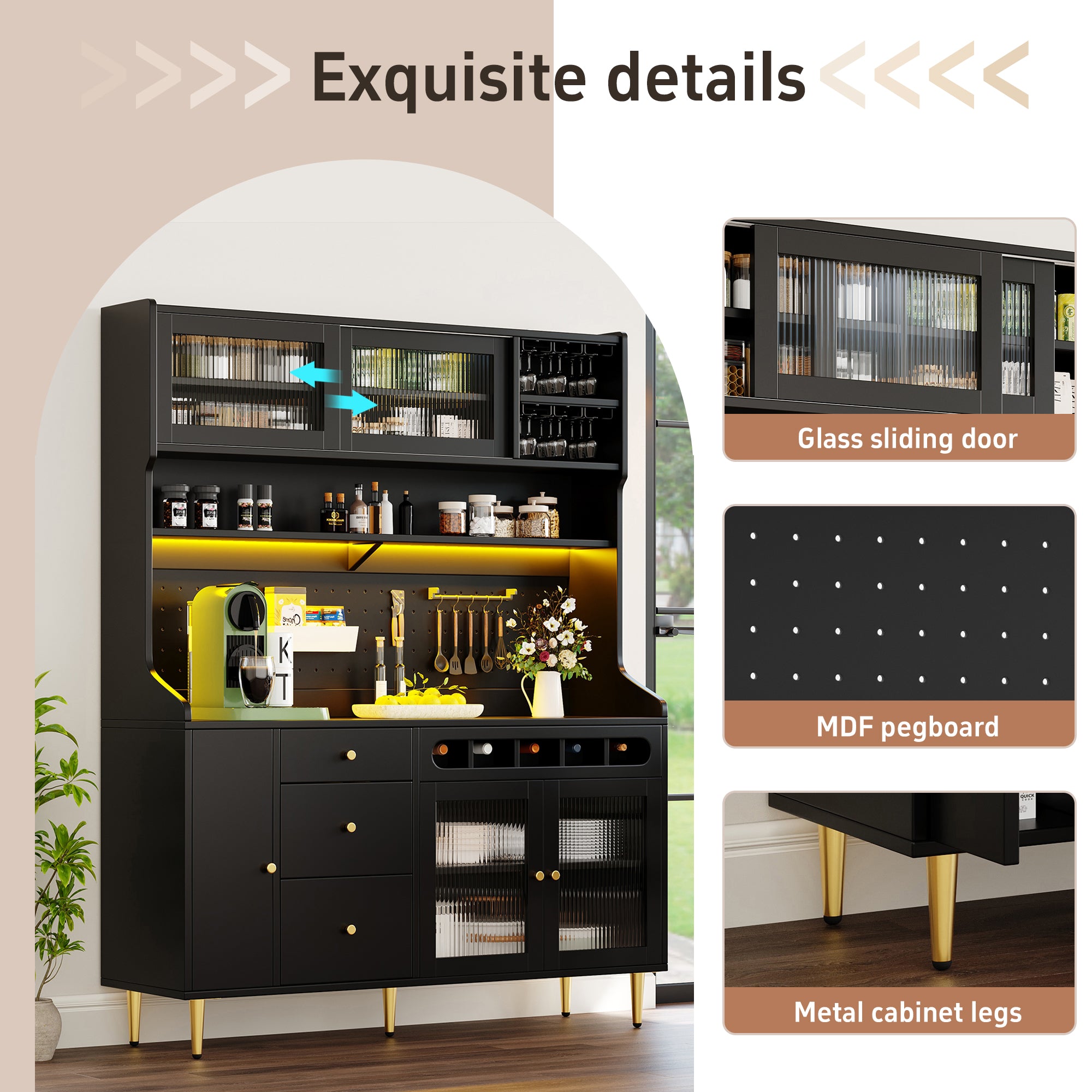 Highboard with Adjustable Shelves & LED Lights, Freestanding Storage Unit for Living Room Kitchen Dining, Tall cabinet with wine rack, Dimensions 145x39x171cm, Black