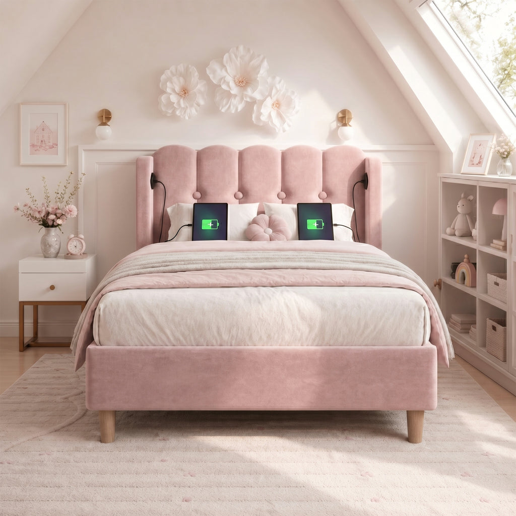 Upholstered Single Bed with USB and Type-C Charging, 3FT Bed Frame with Wooden Slatted Frame, Teenager Bed for Bedroom & Guest Room, 90 x 190 cm, Pink, Velvet (No Mattress).