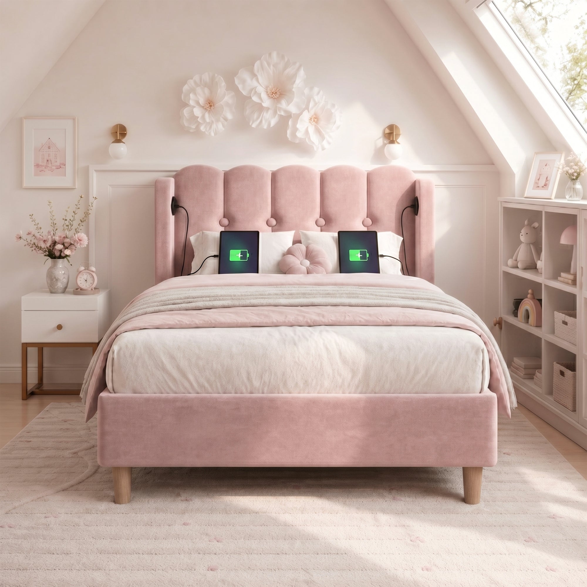 Upholstered Single Bed with USB and Type-C Charging, 3FT Bed Frame with Wooden Slatted Frame, Teenager Bed for Bedroom & Guest Room, 90 x 190 cm, Pink, Velvet (No Mattress).