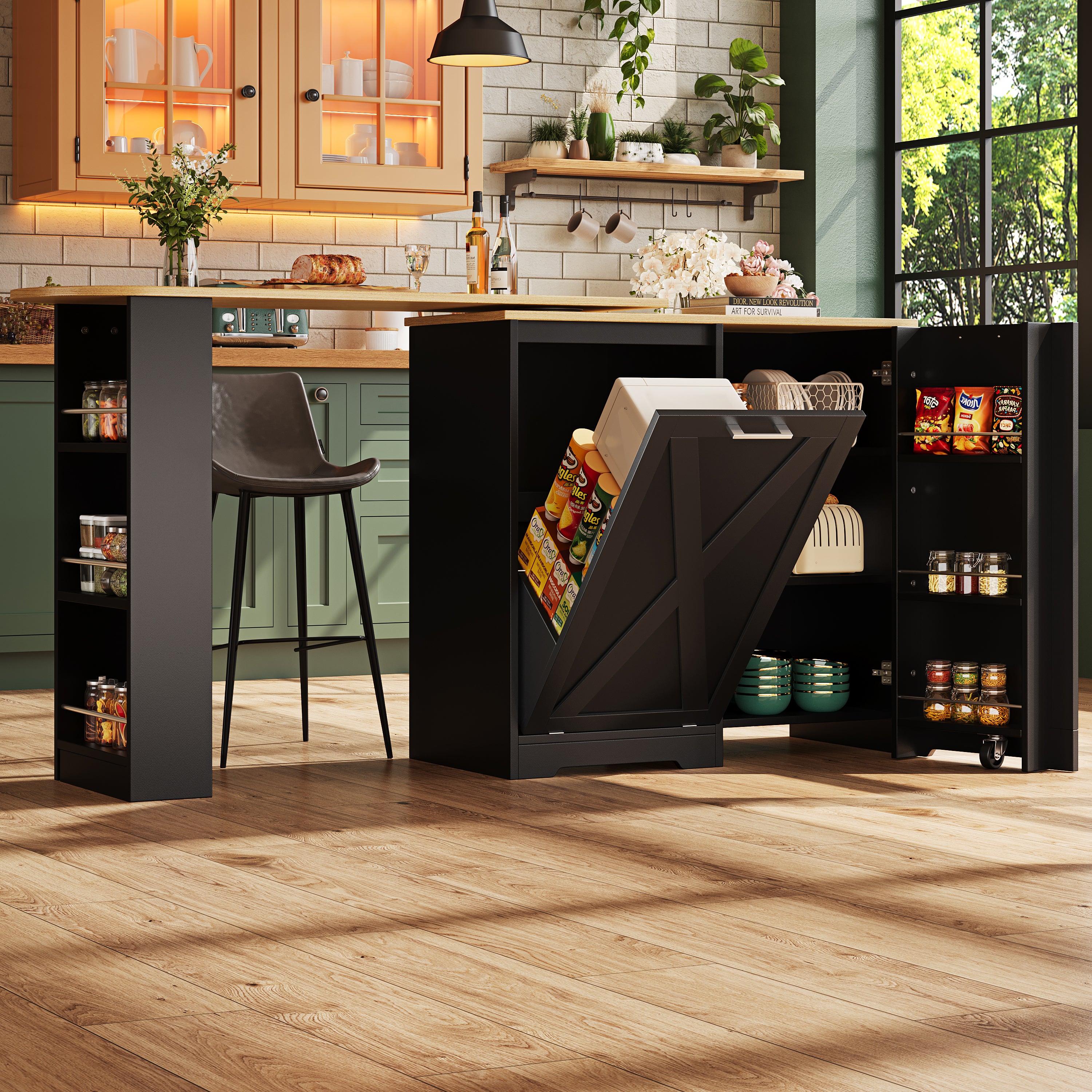 360° Rotating Kitchen Island, Modern Minimalist, Multifunctional Storage Cabinet, Ideal for Bedroom Living Room Dining Room, Swivel Sideboard with Side Shelves, Black Finish, Folding Door Design